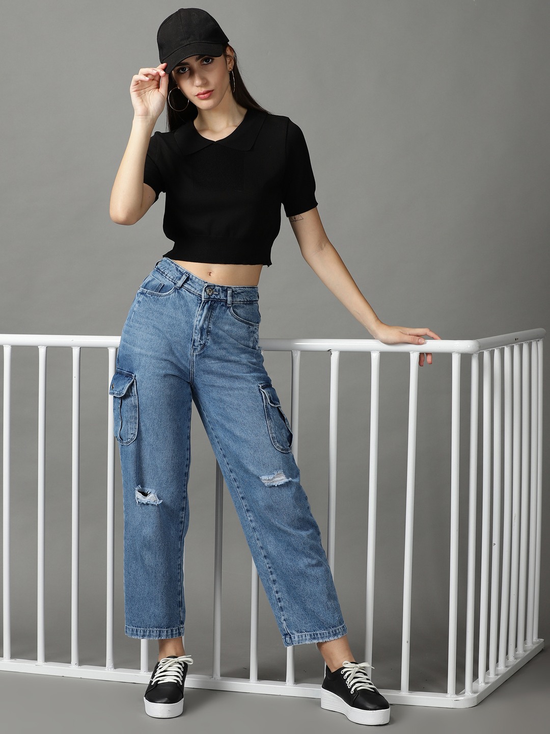 SHOWOFF Women Black Solid Shirt Collar Short Sleeves Crop Fitted Top
