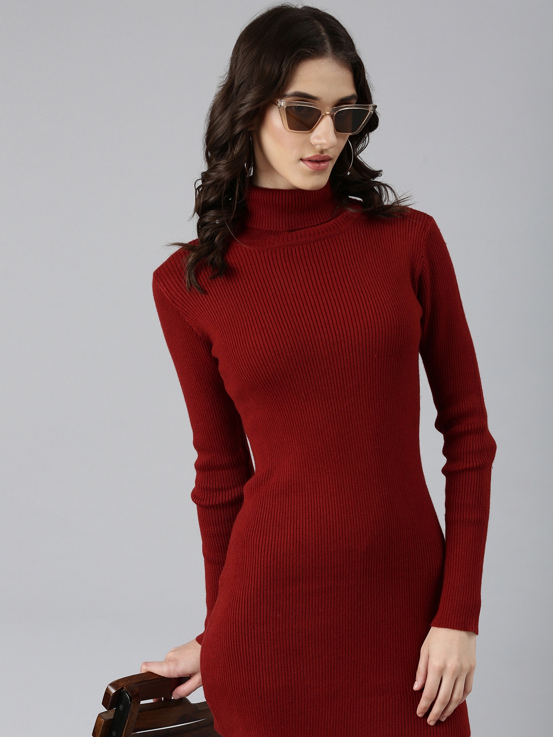 SHOWOFF Women's High Neck Long Sleeves Bodycon Solid Maroon Above Knee Dress
