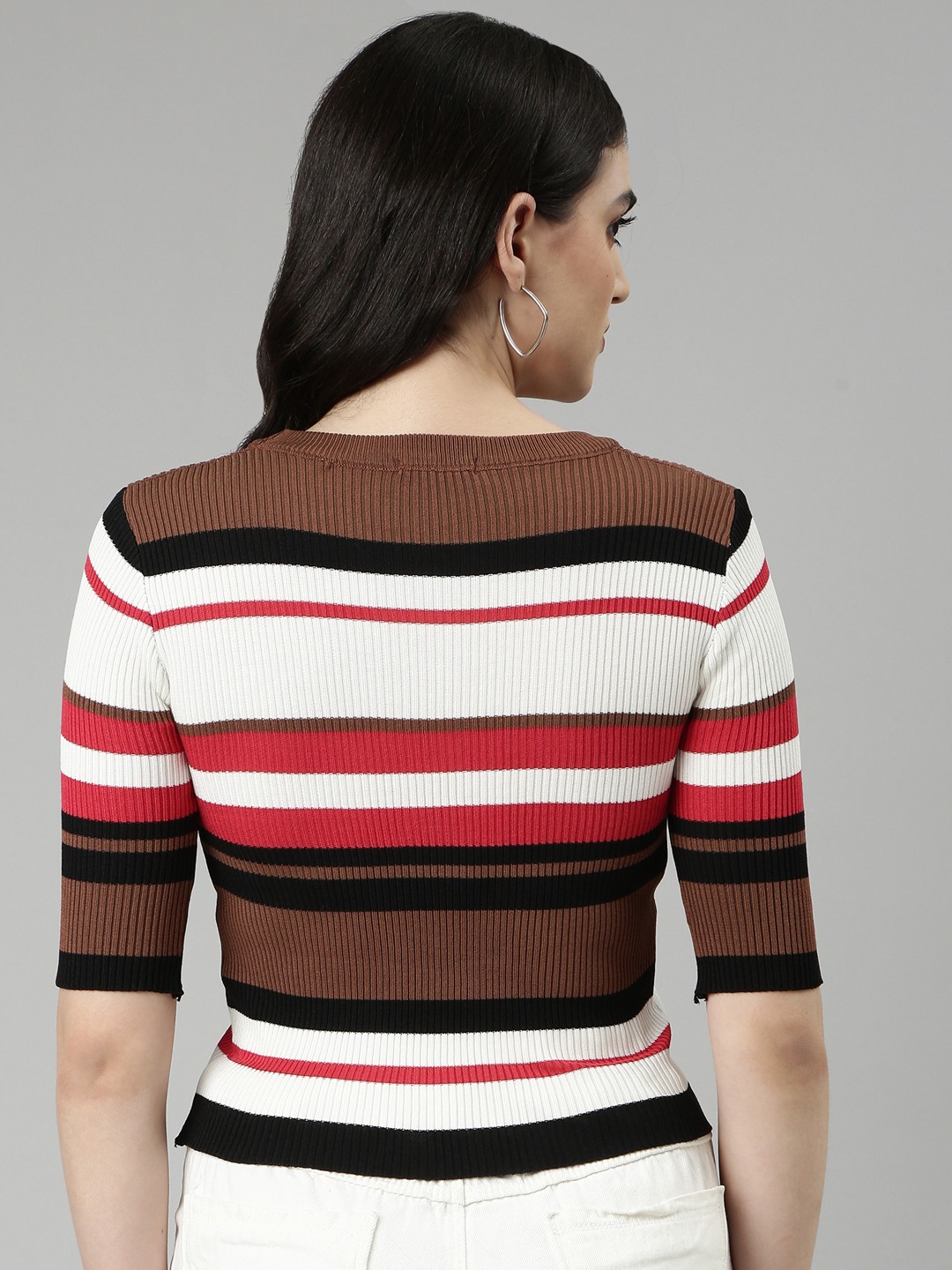 SHOWOFF Women's Round Neck Colourblocked Coffee Brown Fitted Regular Top
