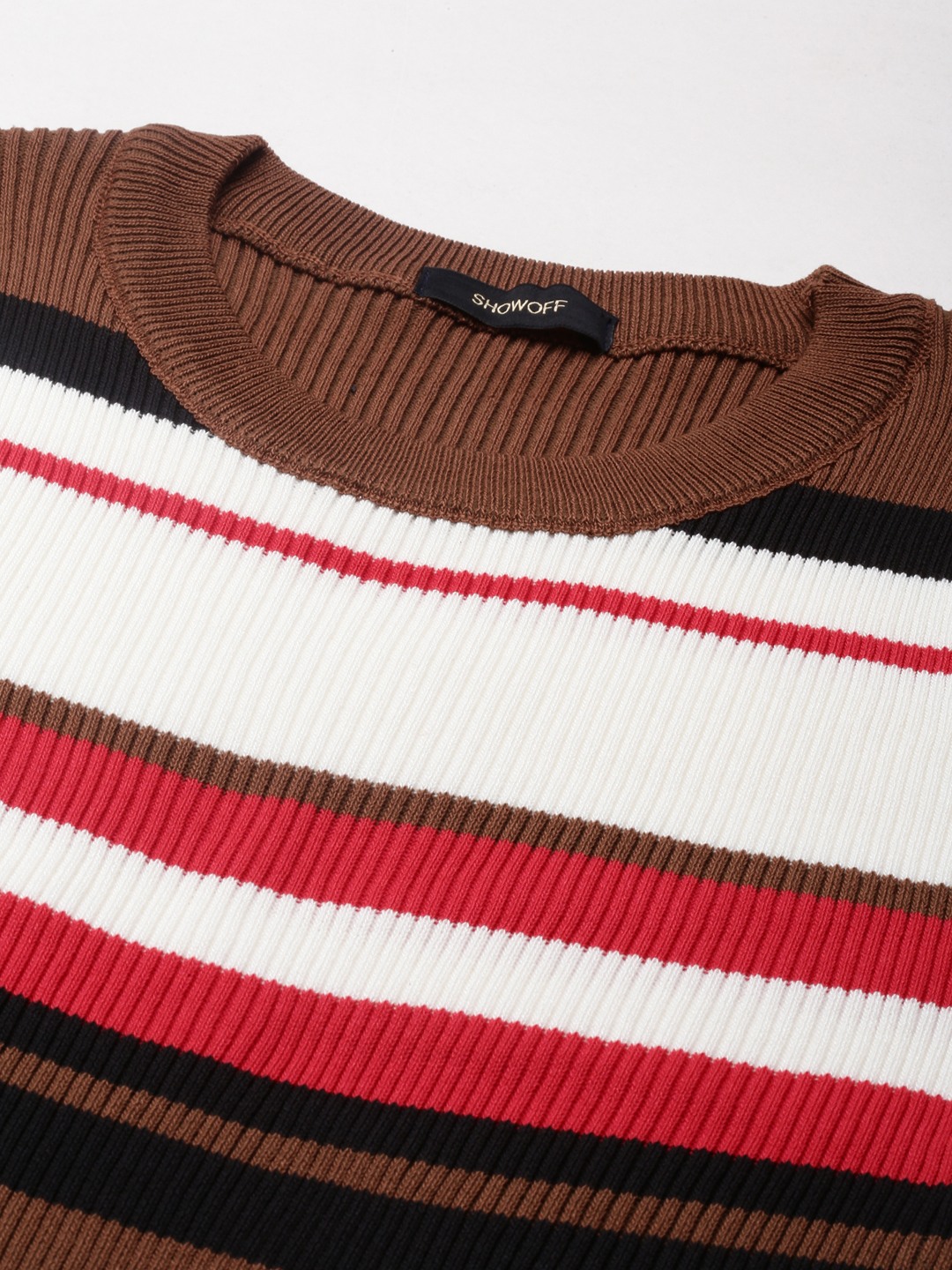 SHOWOFF Women's Round Neck Colourblocked Coffee Brown Fitted Regular Top
