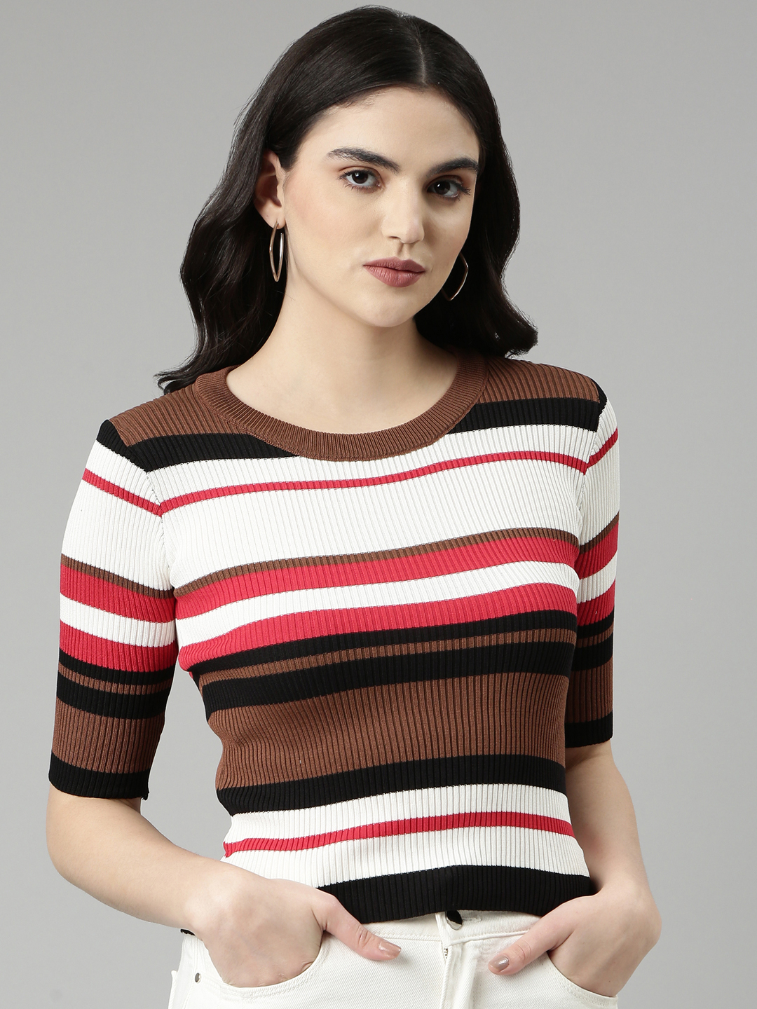 SHOWOFF Women's Round Neck Colourblocked Coffee Brown Fitted Regular Top