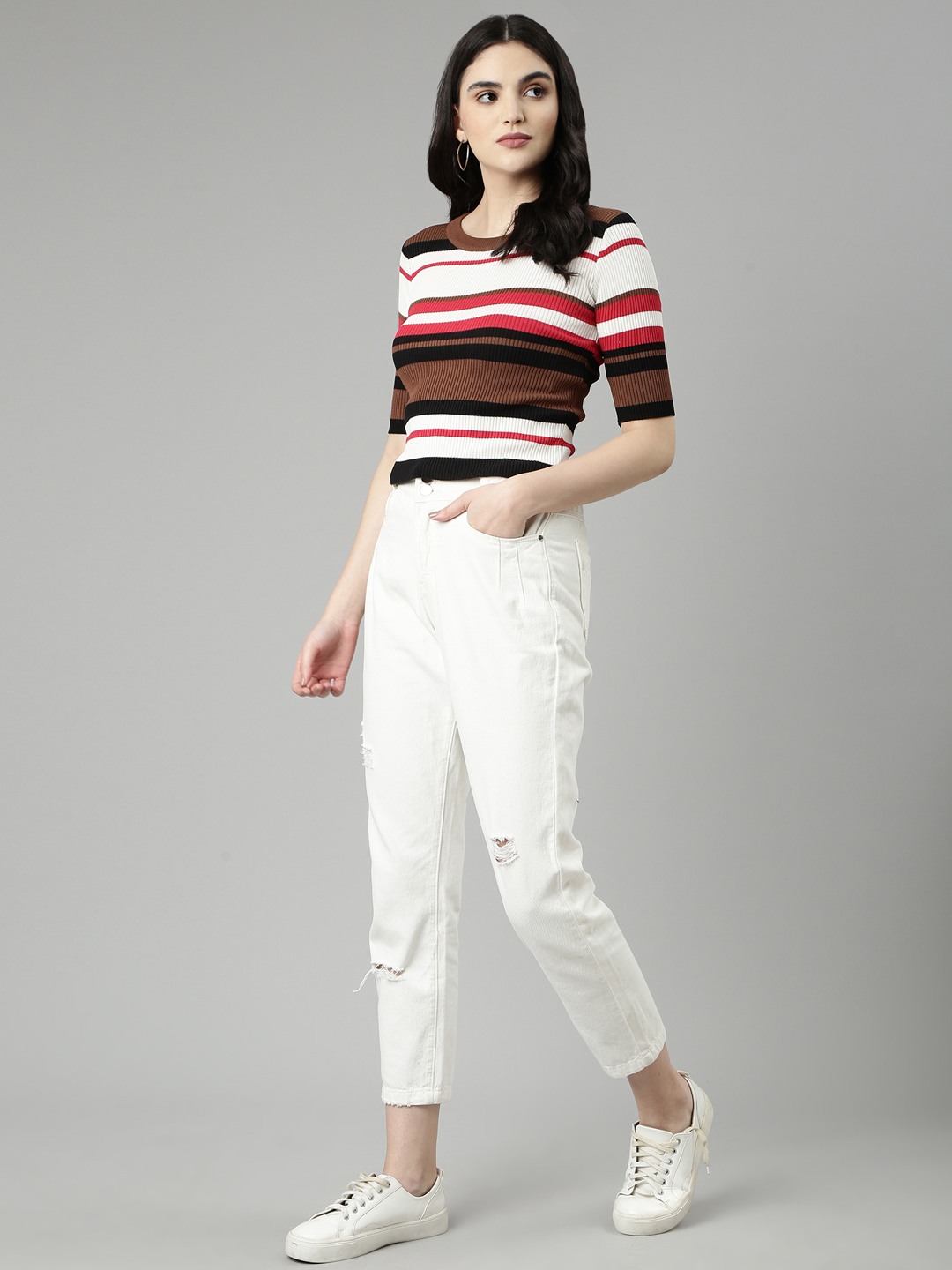 SHOWOFF Women's Round Neck Colourblocked Coffee Brown Fitted Regular Top