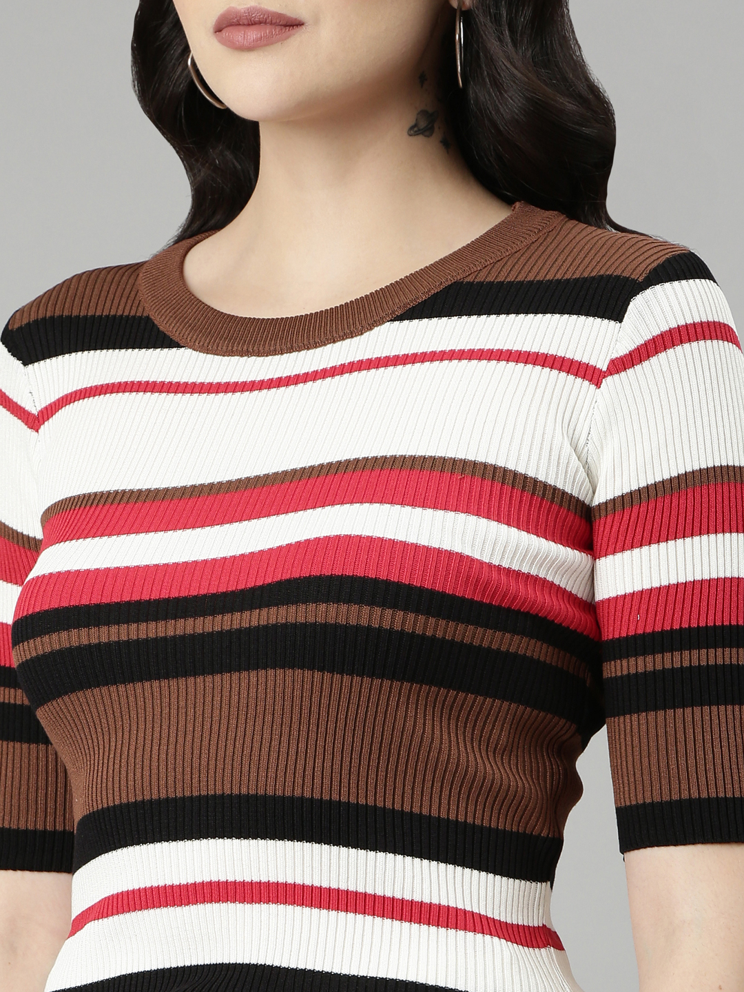 SHOWOFF Women's Round Neck Colourblocked Coffee Brown Fitted Regular Top