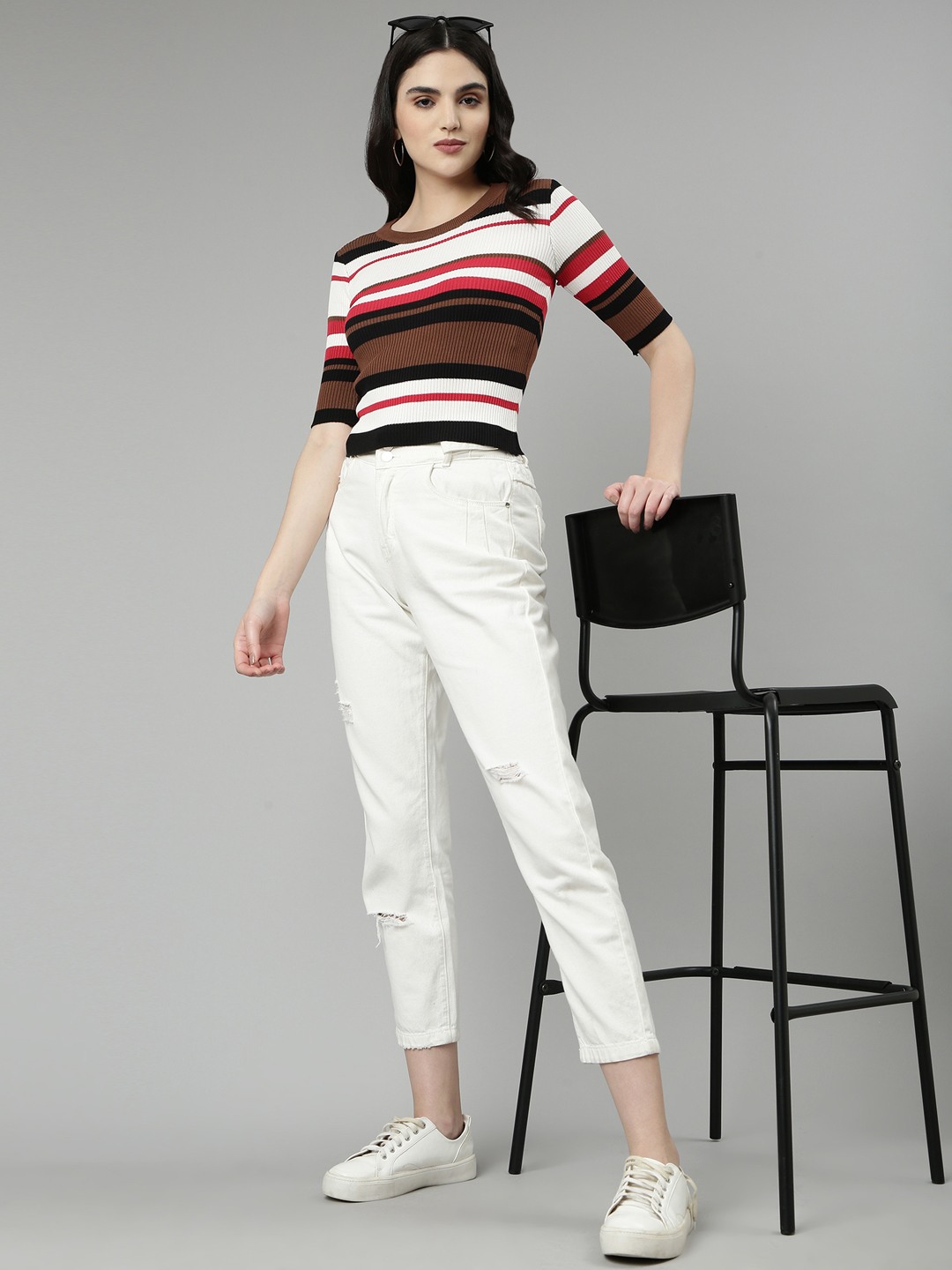SHOWOFF Women's Round Neck Colourblocked Coffee Brown Fitted Regular Top