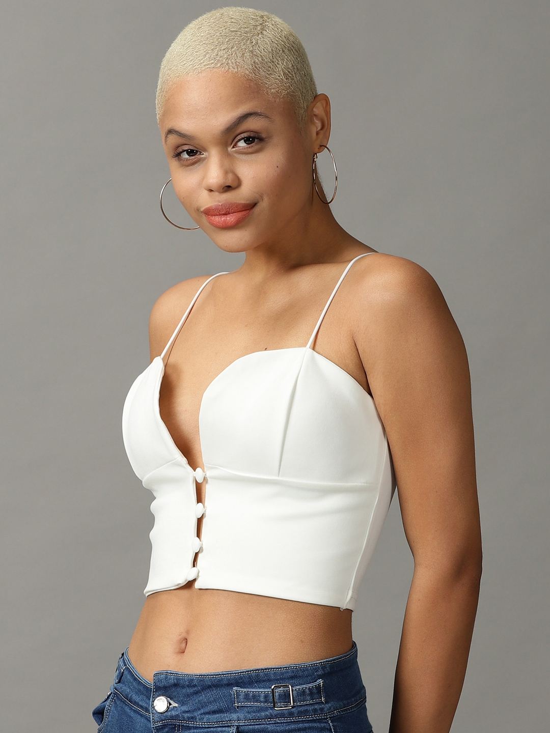 Showoff | SHOWOFF Women White Solid Shoulder Straps Sleeveless Crop Bralette Top 2