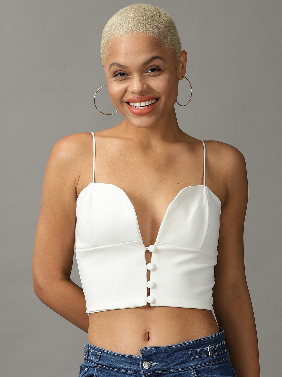 Showoff | SHOWOFF Women White Solid Shoulder Straps Sleeveless Crop Bralette Top 1