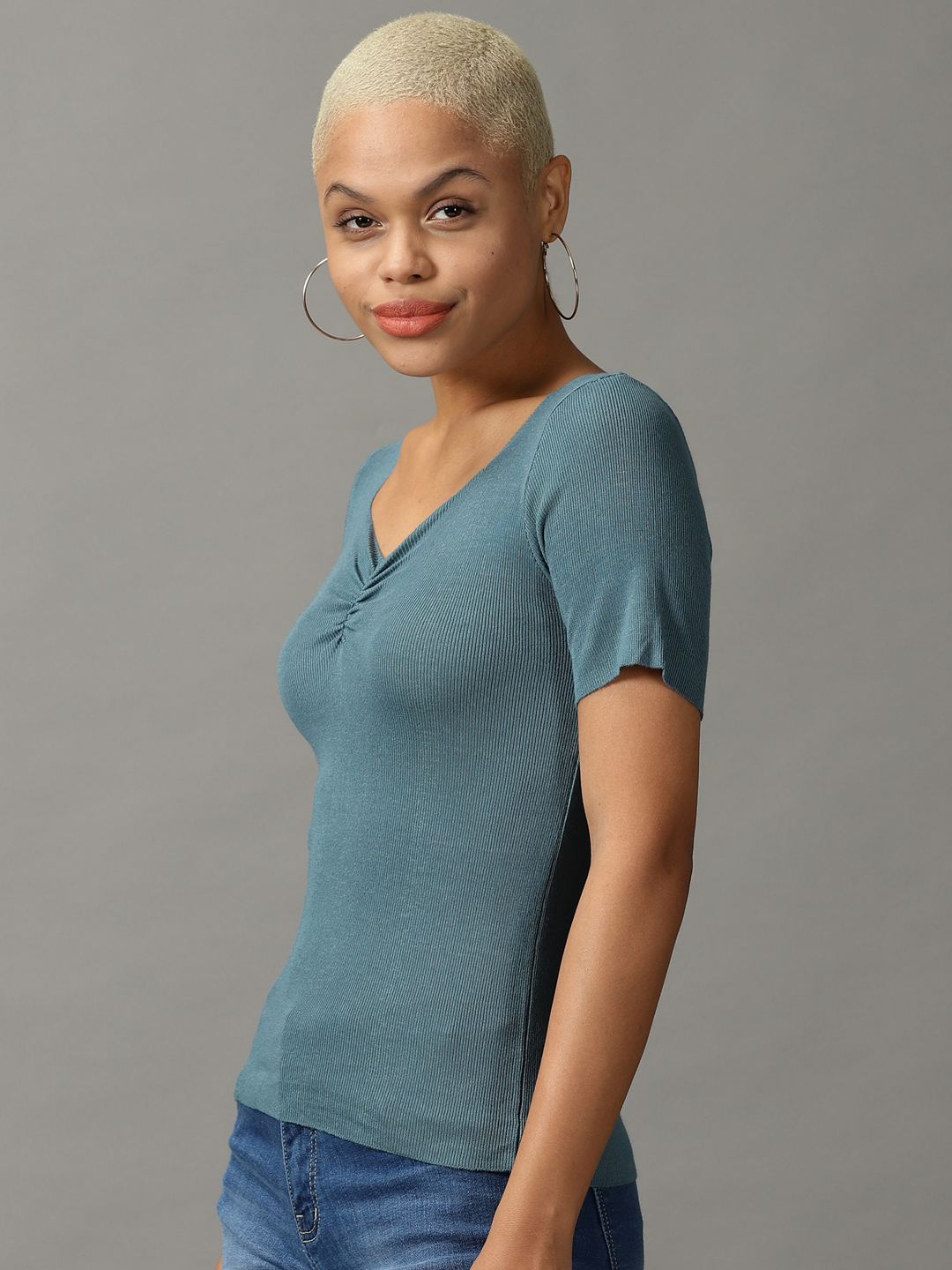 SHOWOFF Women Teal Solid V Neck Short Sleeves Regular Fitted Top