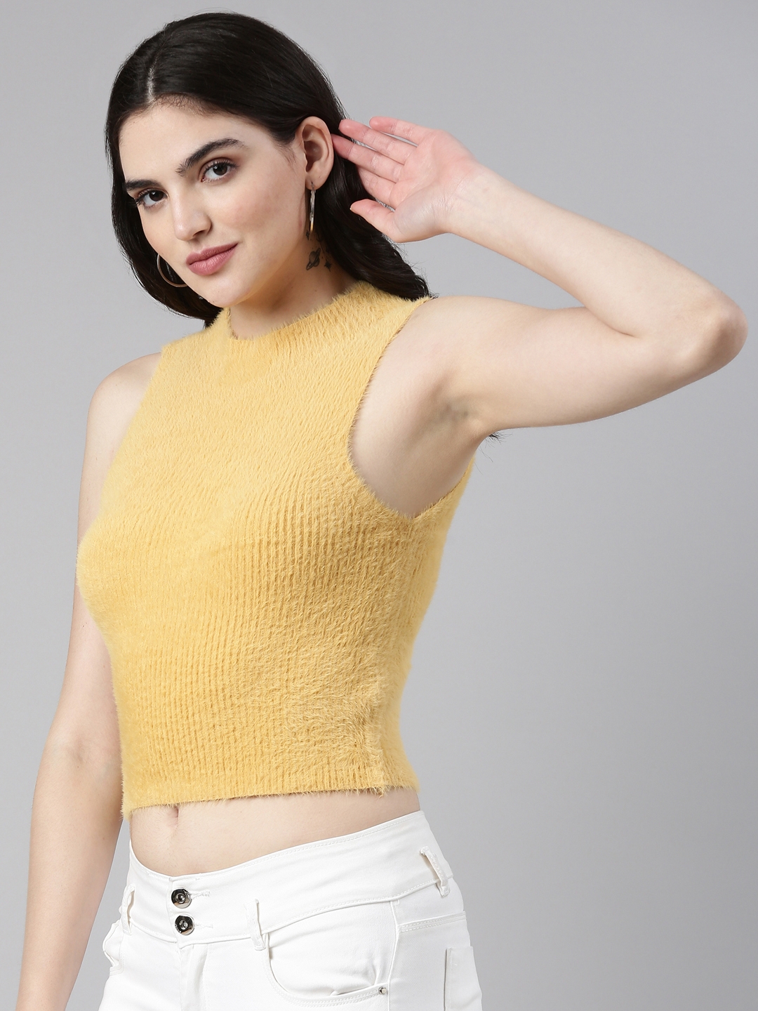 Showoff | SHOWOFF Women's High Neck Solid Sleeveless Mustard Tank Top 3