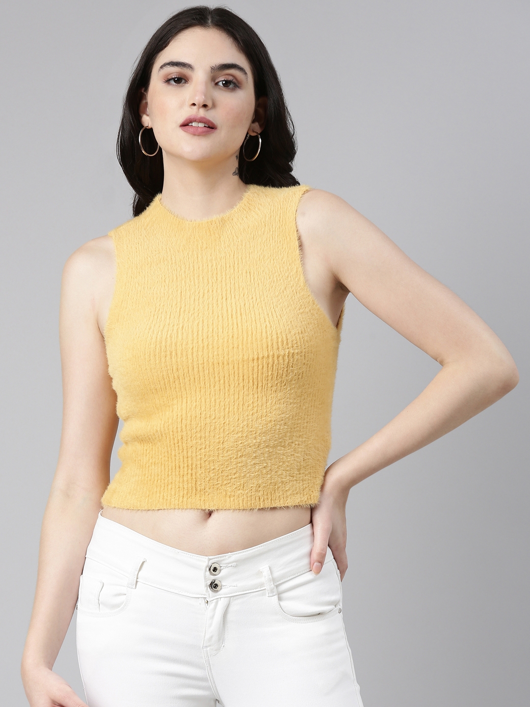 Showoff | SHOWOFF Women's High Neck Solid Sleeveless Mustard Tank Top 1
