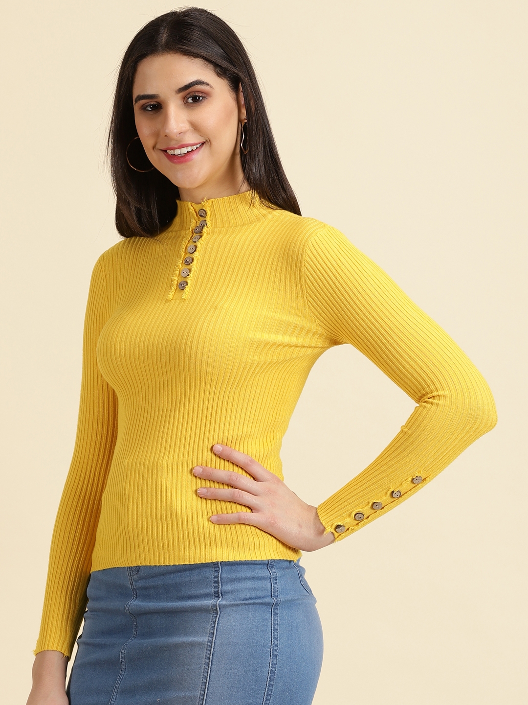 Showoff | SHOWOFF Women's High Neck Solid Yellow Fitted Regular Top 2