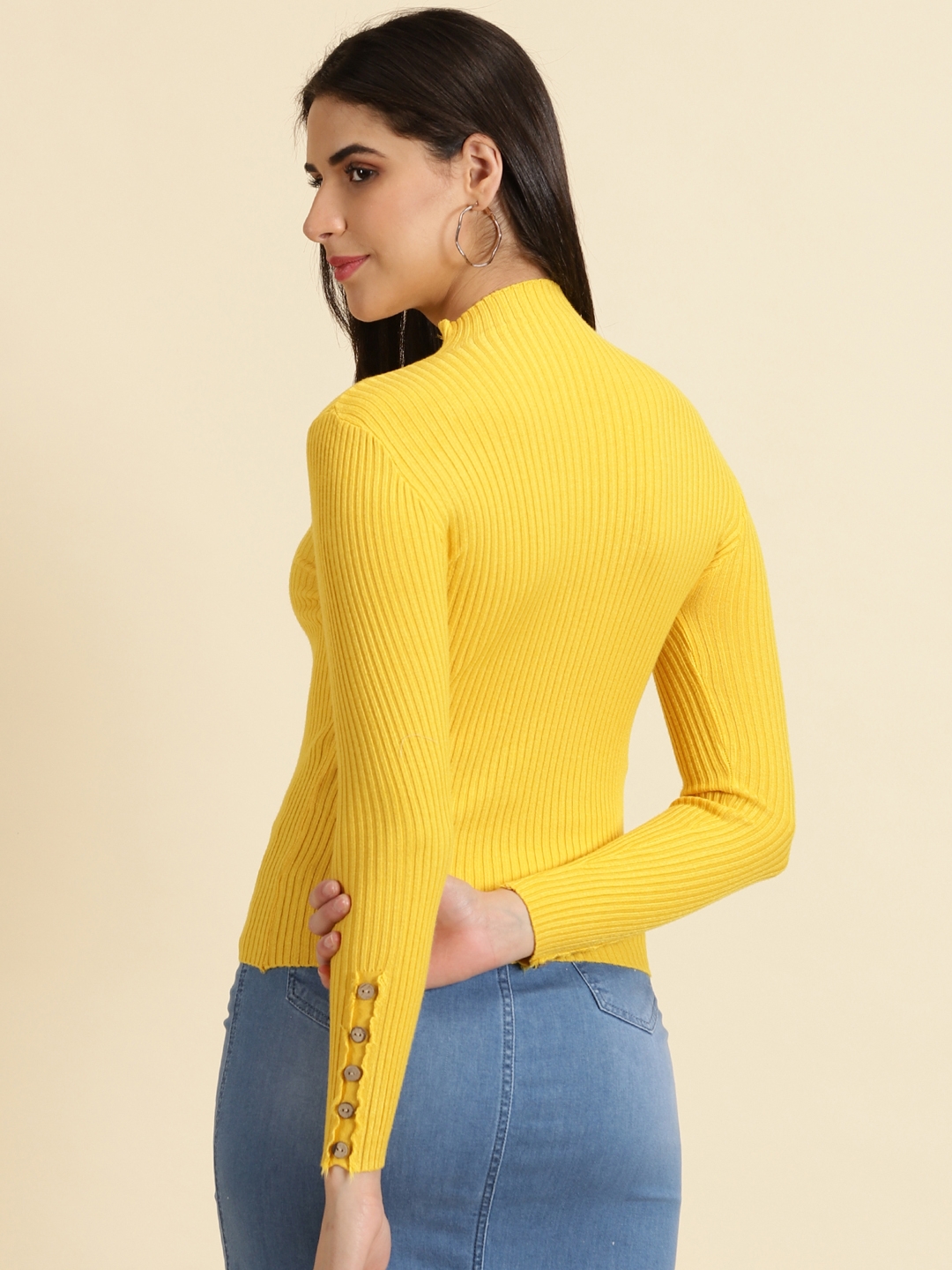Showoff | SHOWOFF Women's High Neck Solid Yellow Fitted Regular Top 3