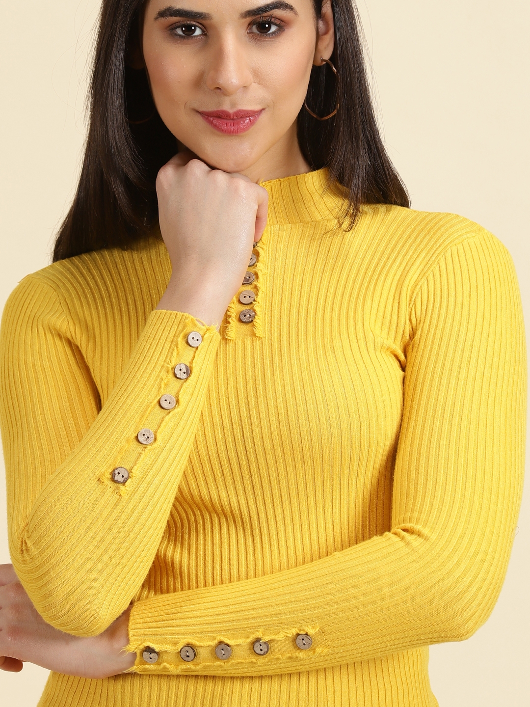 Showoff | SHOWOFF Women's High Neck Solid Yellow Fitted Regular Top 5