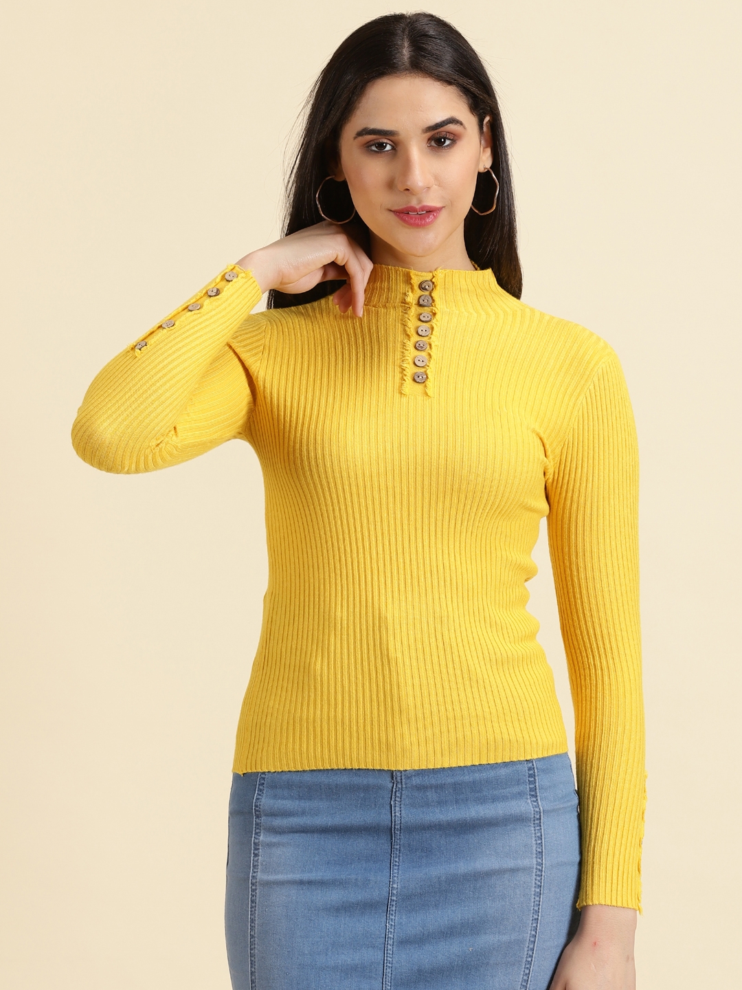 Showoff | SHOWOFF Women's High Neck Solid Yellow Fitted Regular Top 1