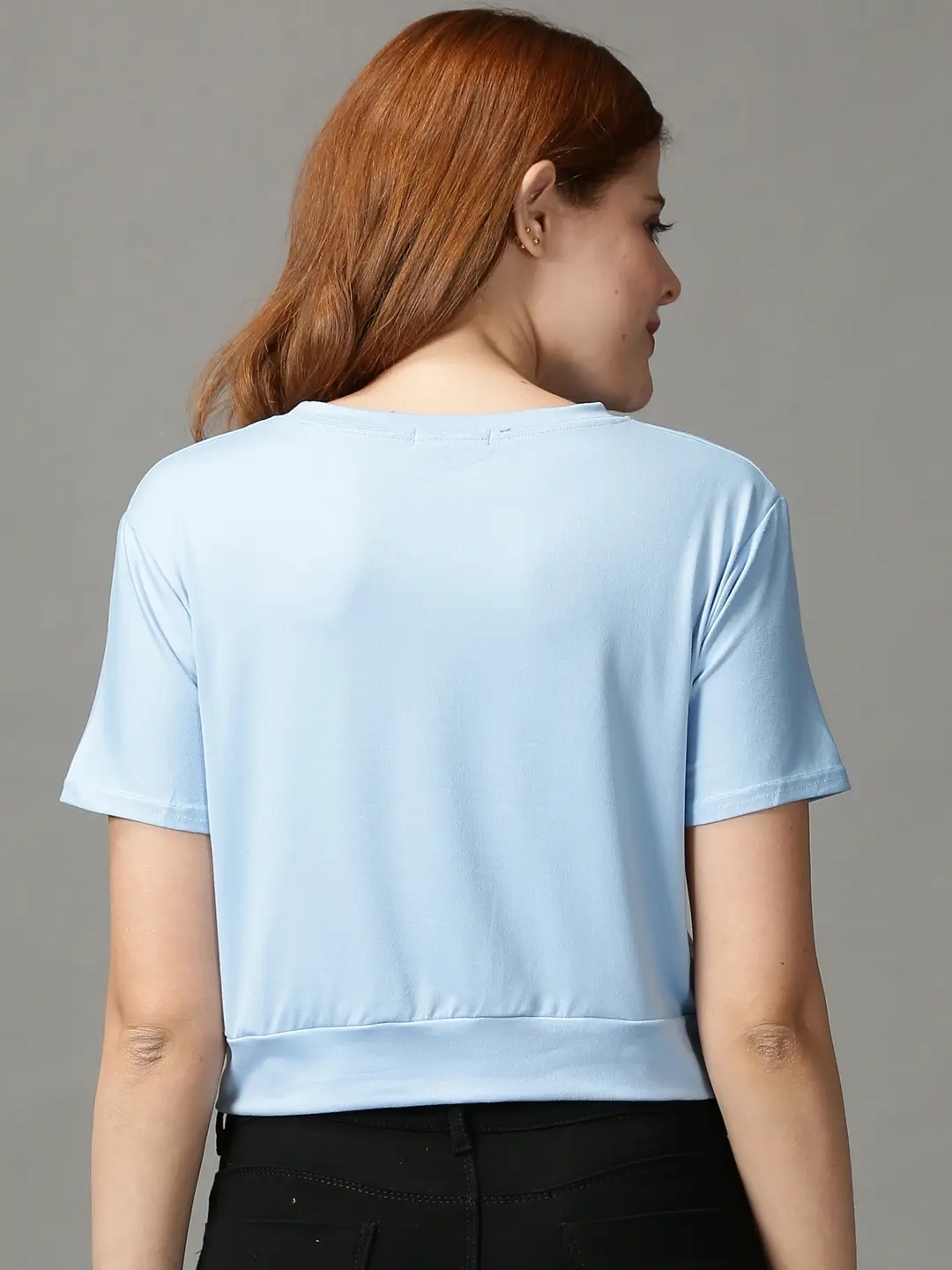 Showoff | SHOWOFF Women Blue Solid Round Neck Short Sleeves Crop Top 3