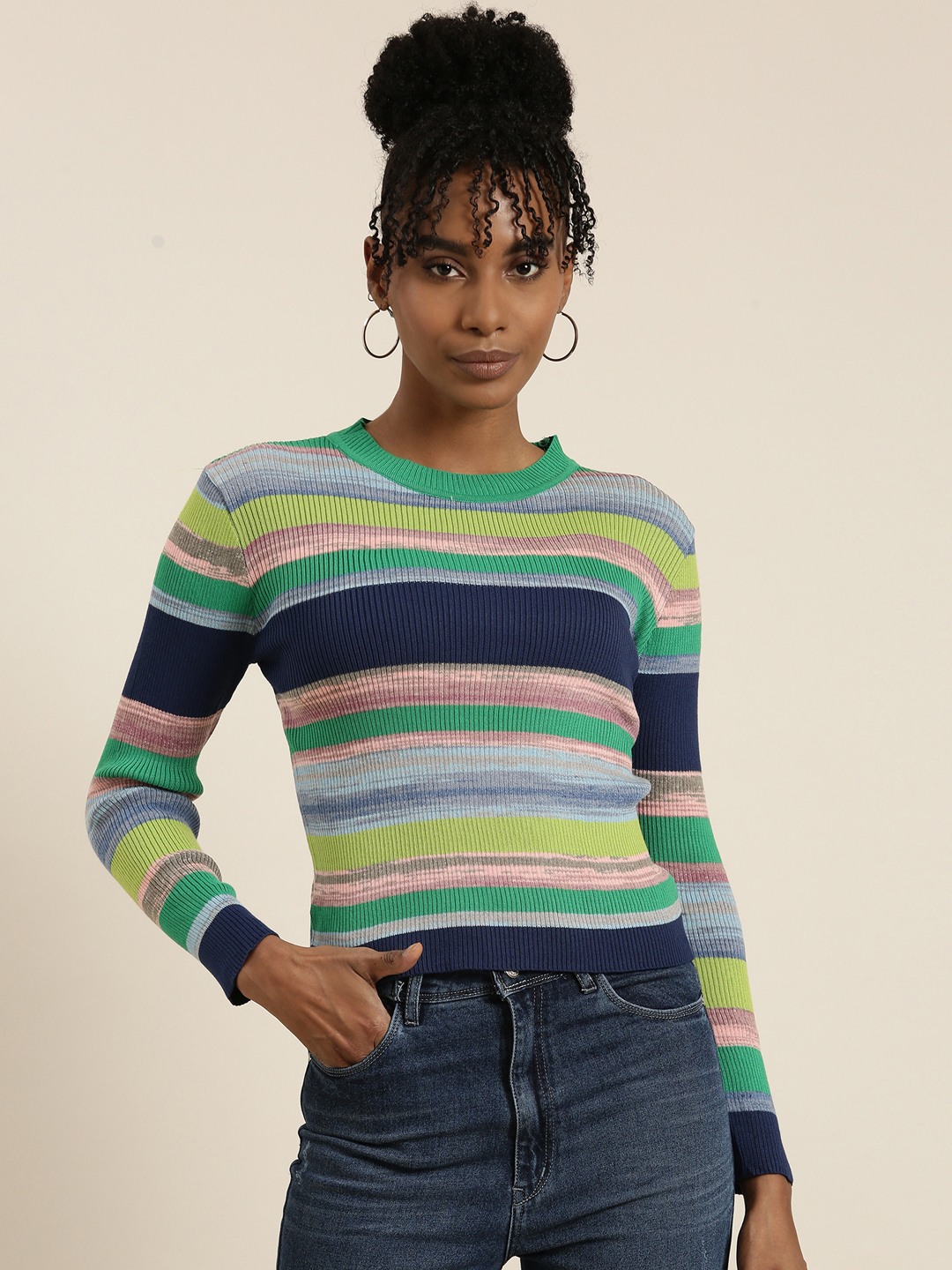 Showoff | SHOWOFF Women's Round Neck Striped Multi Regular Top 1