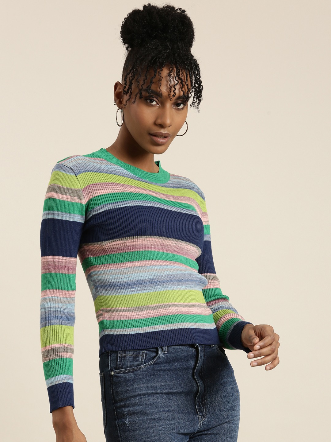 Showoff | SHOWOFF Women's Round Neck Striped Multi Regular Top 3