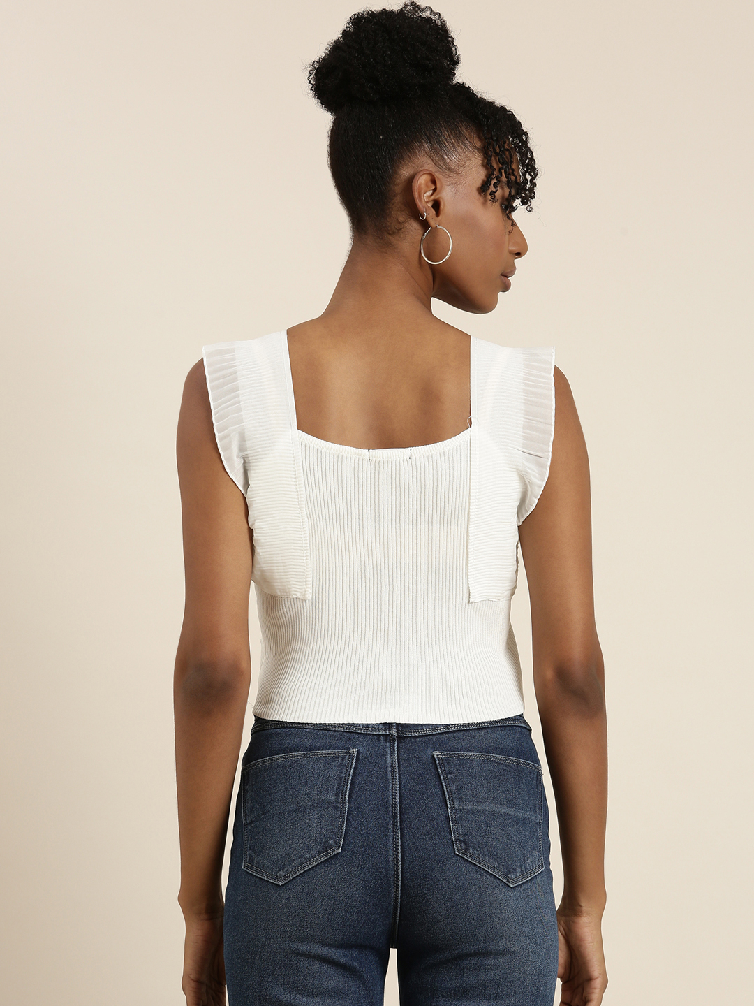 SHOWOFF Women's V-Neck Solid Sleeveless White Crop Tank Top