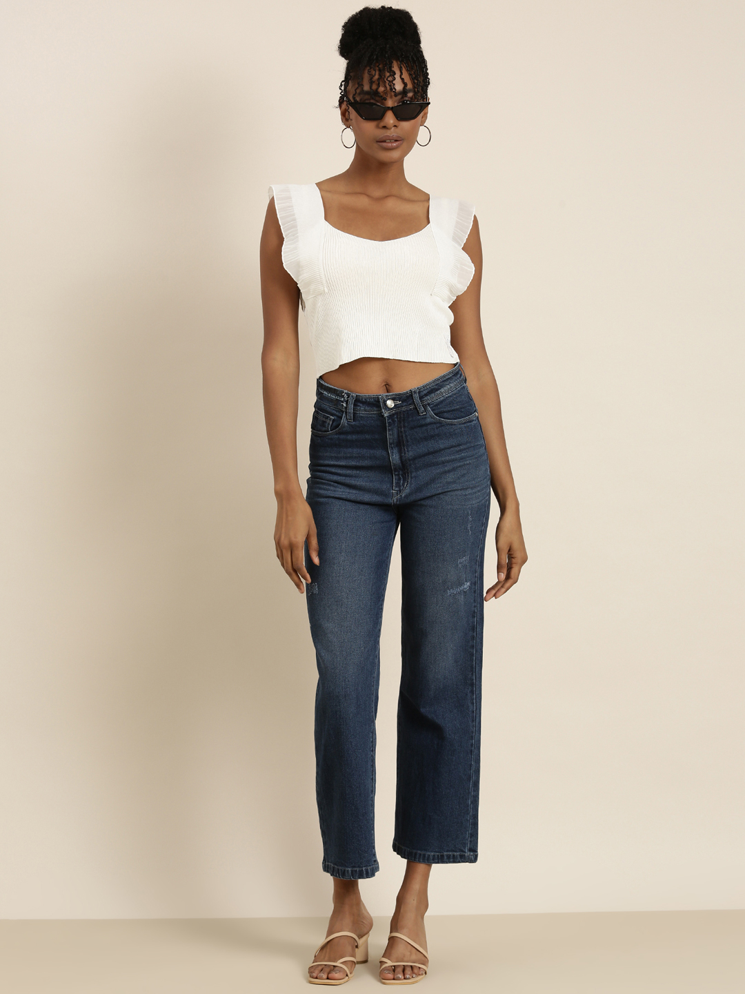 SHOWOFF Women's V-Neck Solid Sleeveless White Crop Tank Top