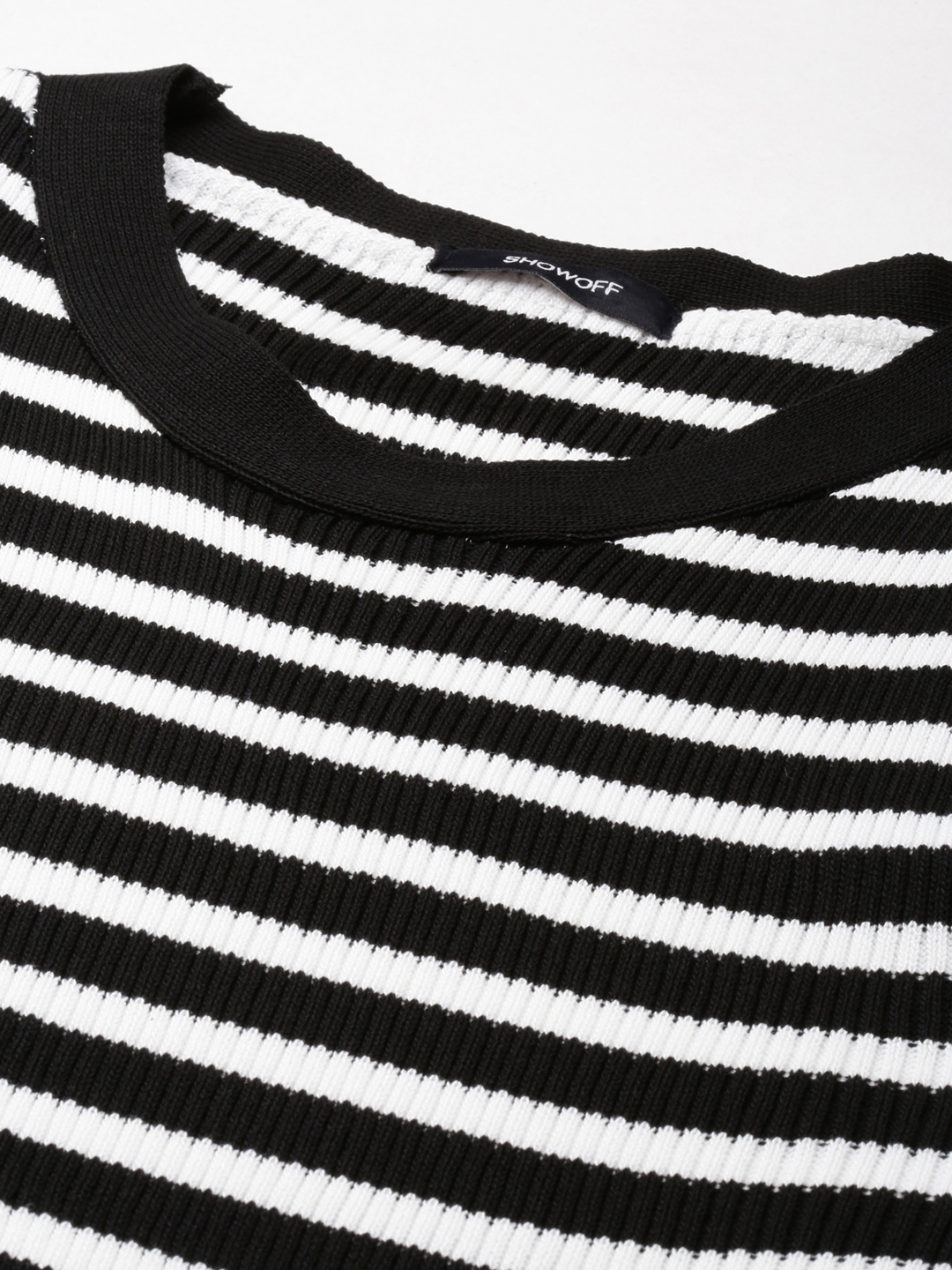SHOWOFF Women's Round Neck Striped Sleeveless Black Crop Tank Top