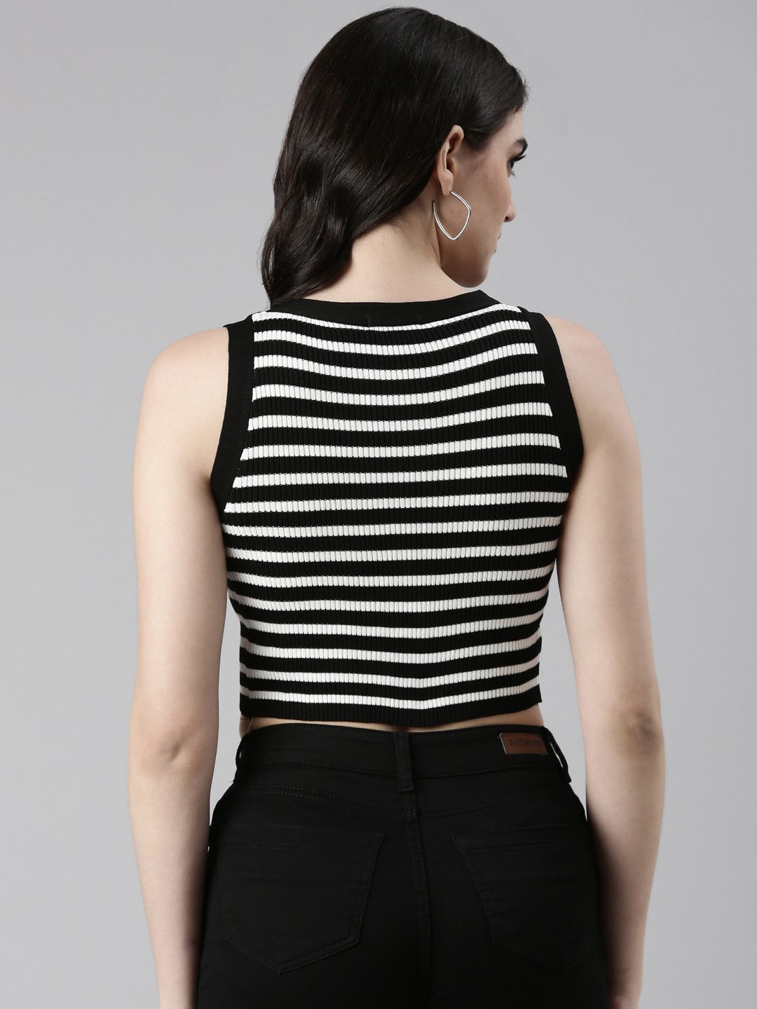 SHOWOFF Women's Round Neck Striped Sleeveless Black Crop Tank Top