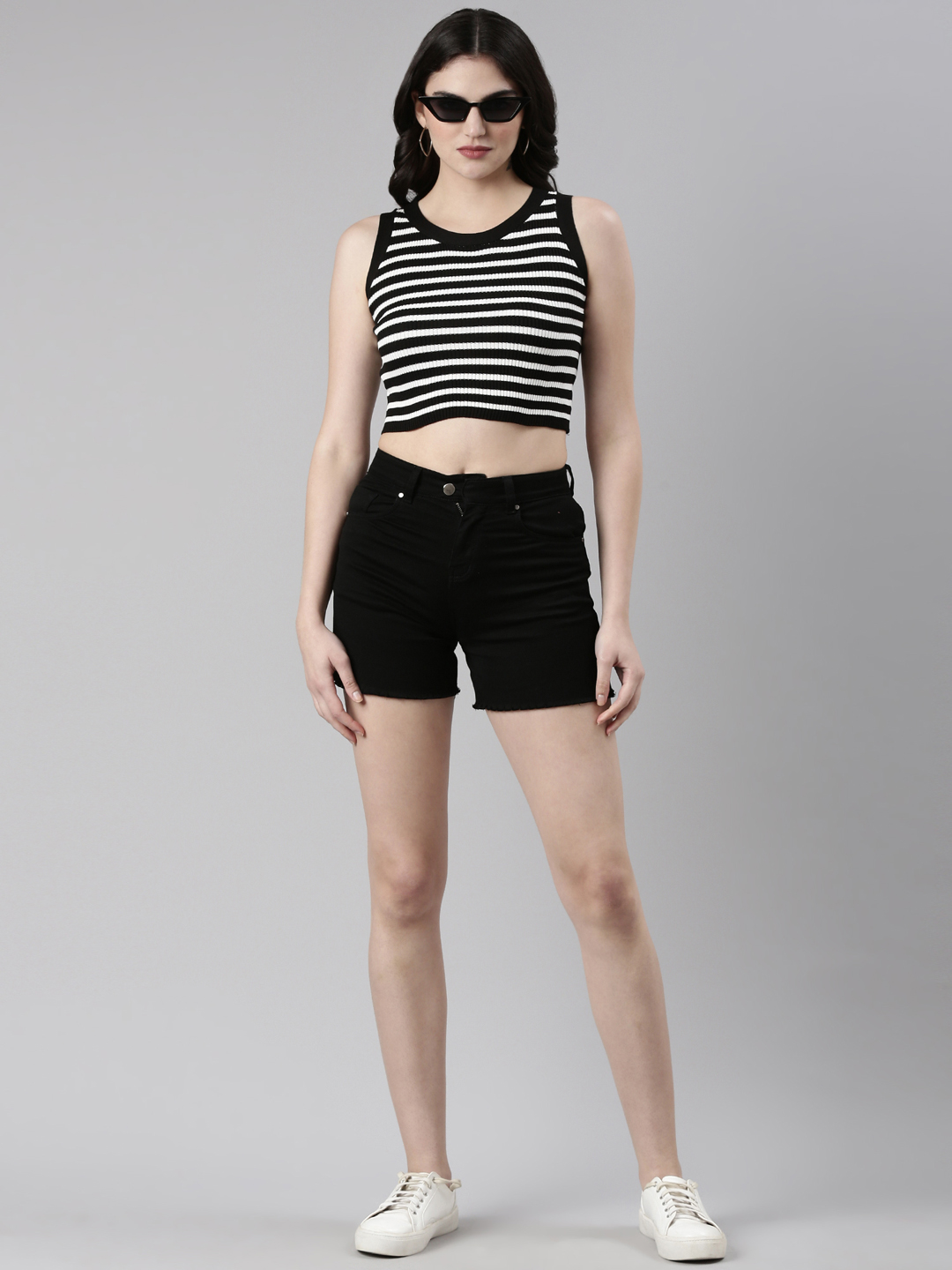 SHOWOFF Women's Round Neck Striped Sleeveless Black Crop Tank Top