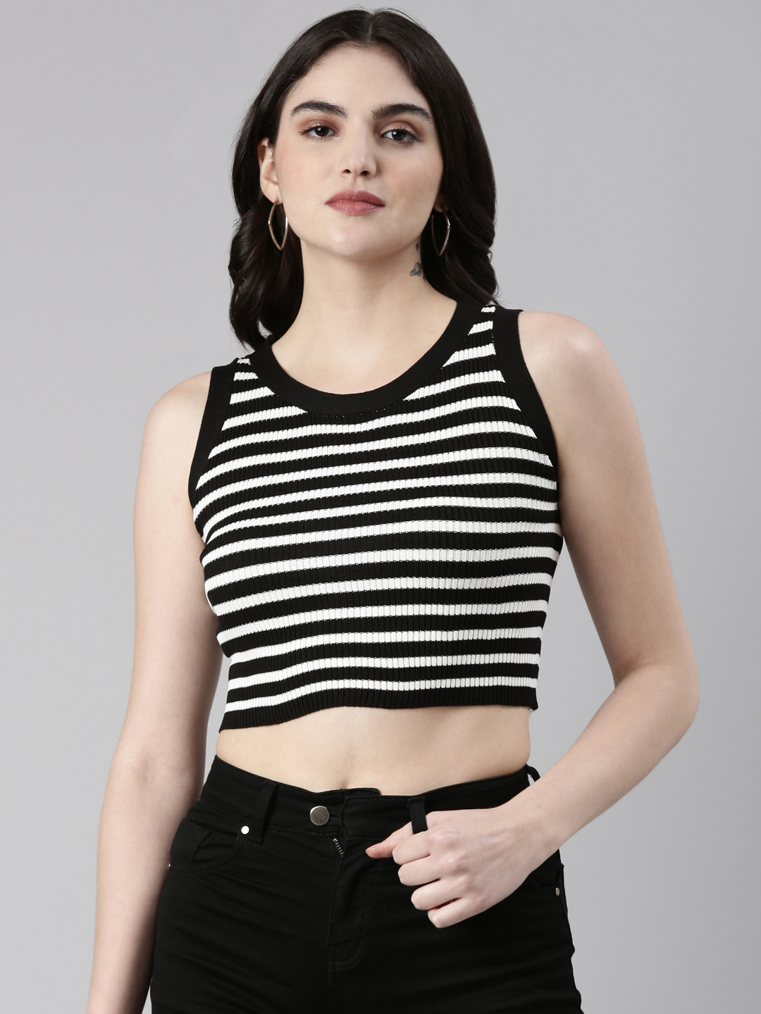 SHOWOFF Women's Round Neck Striped Sleeveless Black Crop Tank Top