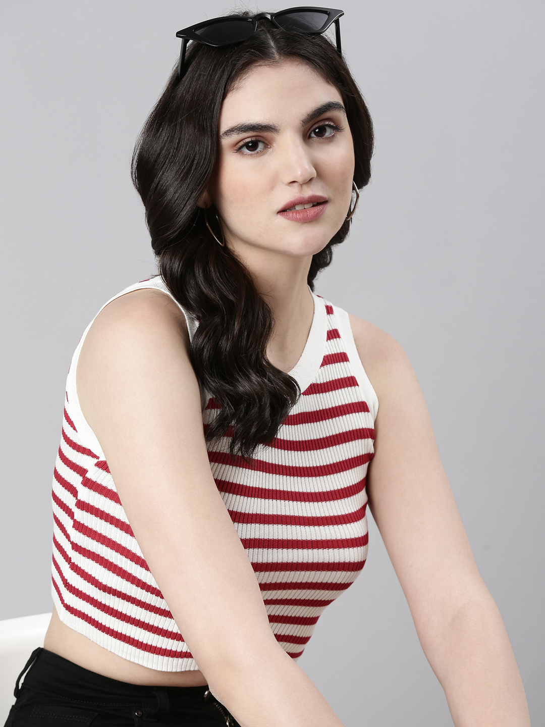 SHOWOFF Women's Round Neck Striped Sleeveless White Crop Tank Top