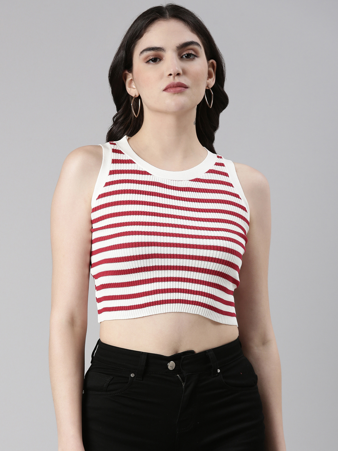SHOWOFF Women's Round Neck Striped Sleeveless White Crop Tank Top