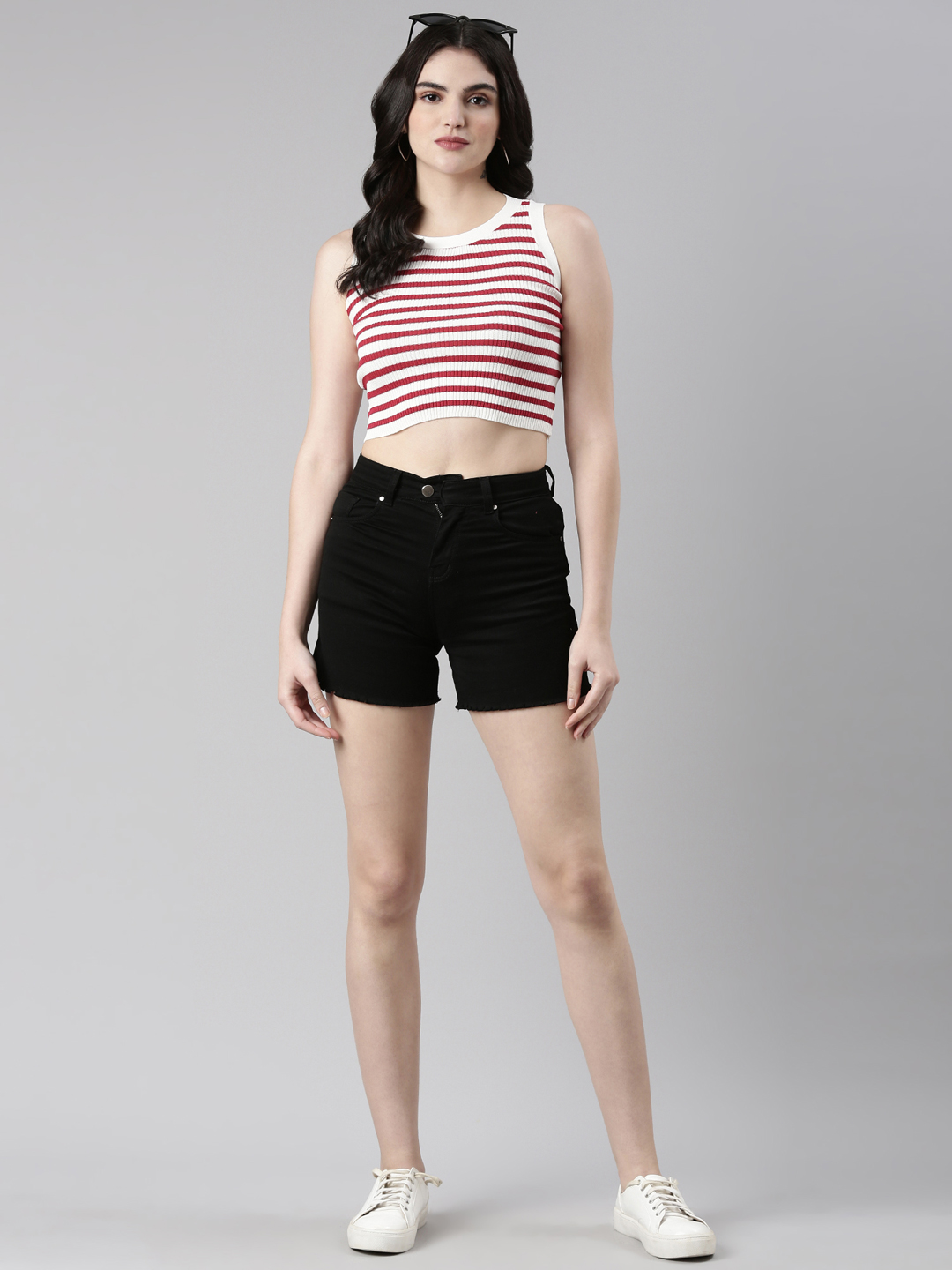 SHOWOFF Women's Round Neck Striped Sleeveless White Crop Tank Top