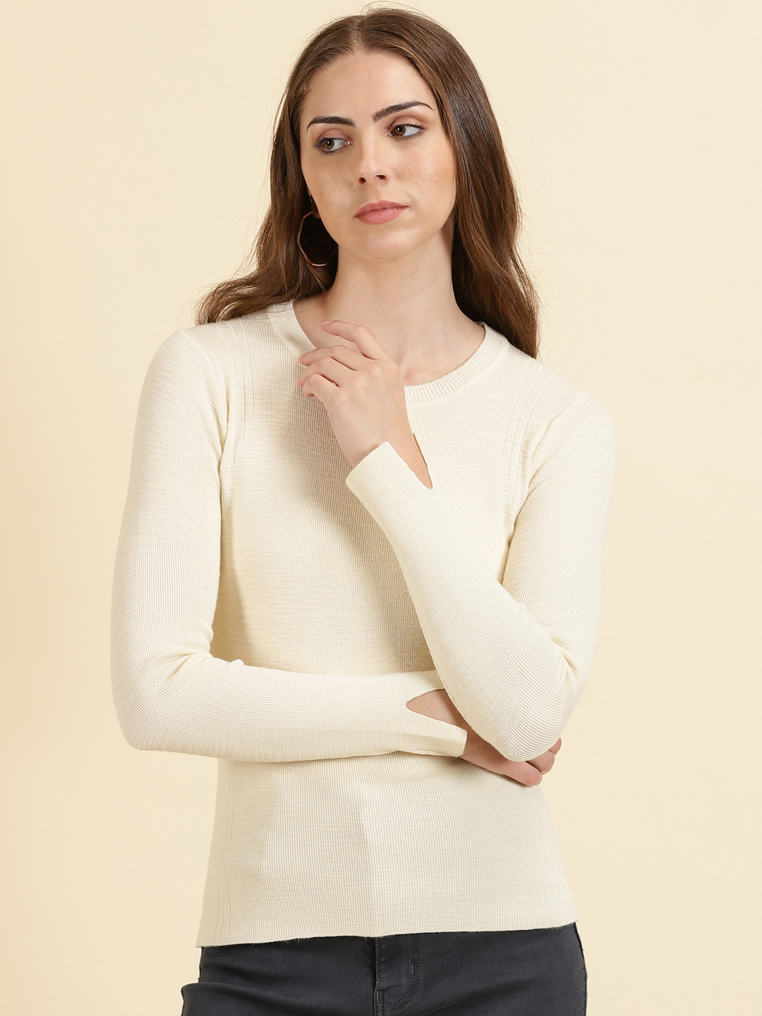 SHOWOFF Women's Round Neck Solid Cream Regular Top