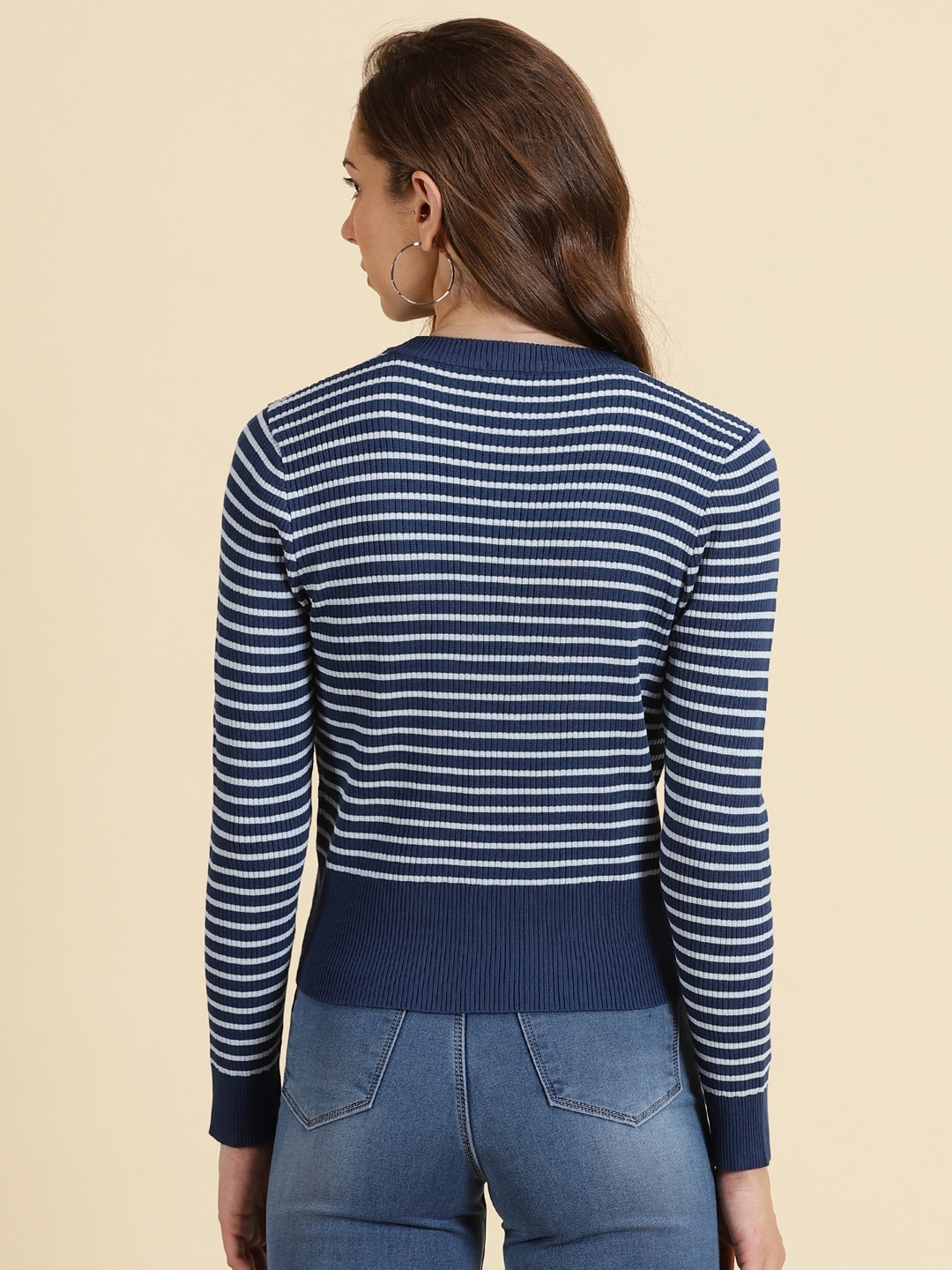 Showoff | SHOWOFF Women's High Neck Striped NavyBlue Fitted Regular Top 3