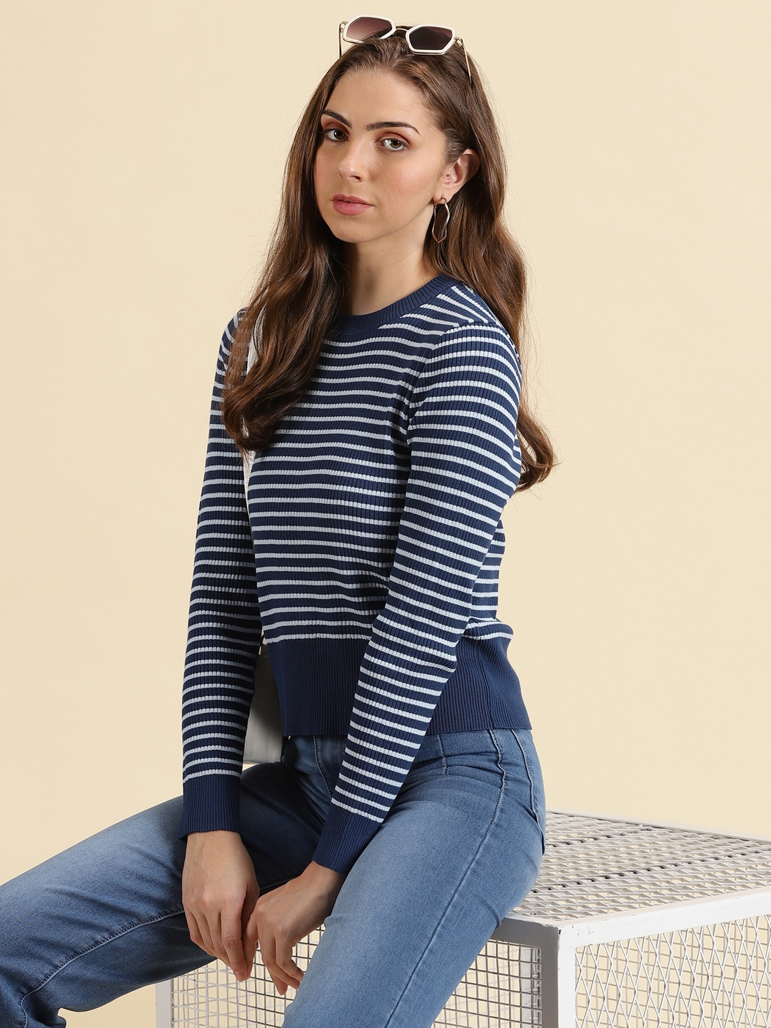 Showoff | SHOWOFF Women's High Neck Striped NavyBlue Fitted Regular Top 0