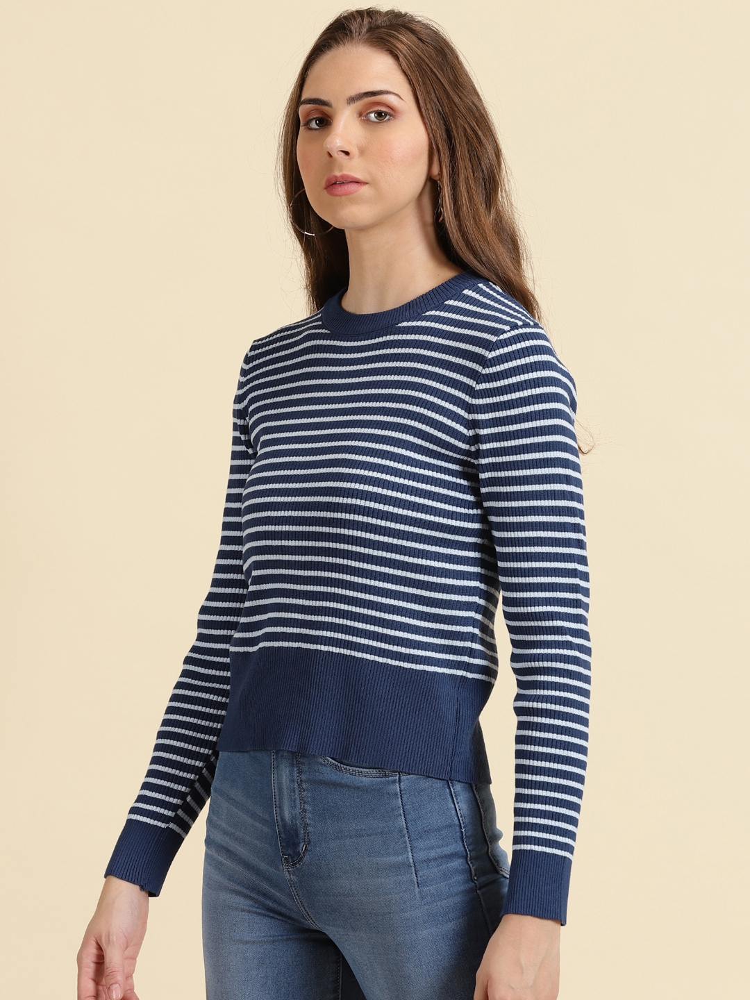 Showoff | SHOWOFF Women's High Neck Striped NavyBlue Fitted Regular Top 2