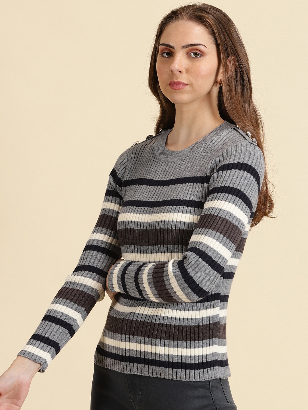 Showoff | SHOWOFF Women's Round Neck Striped Grey Fitted Regular Top 2