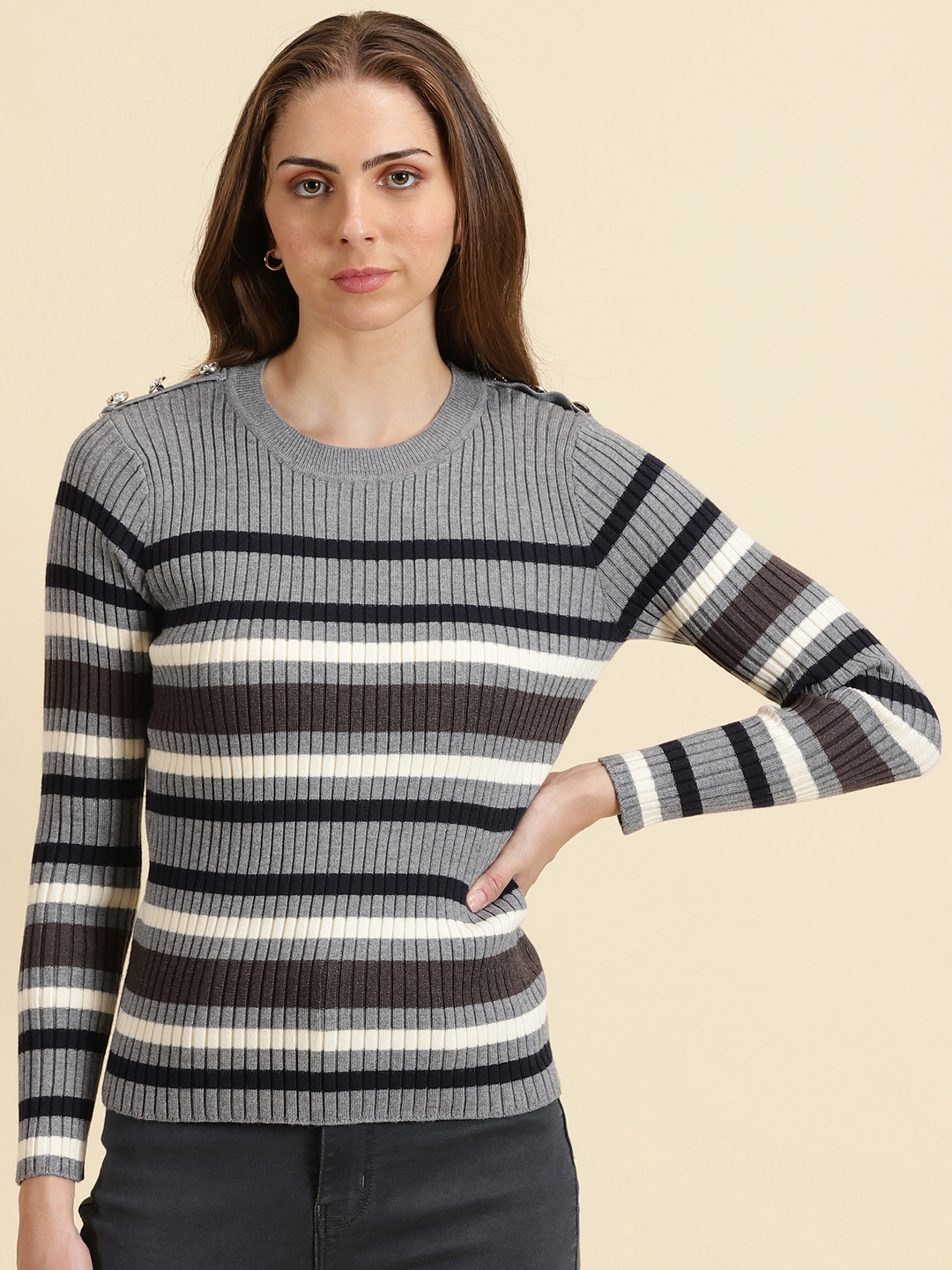 Showoff | SHOWOFF Women's Round Neck Striped Grey Fitted Regular Top 1