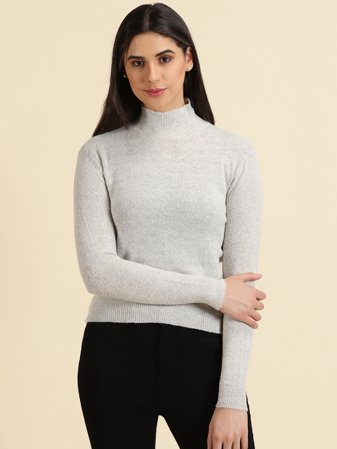 SHOWOFF Women's High Neck Solid Grey Regular Top