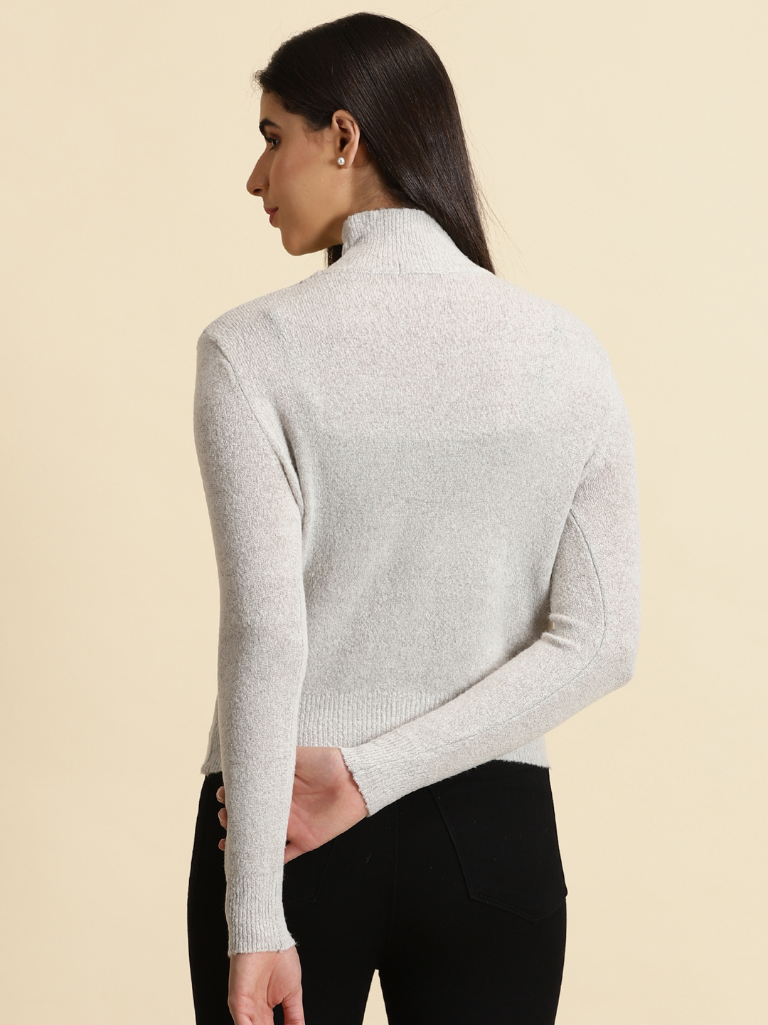SHOWOFF Women's High Neck Solid Grey Regular Top