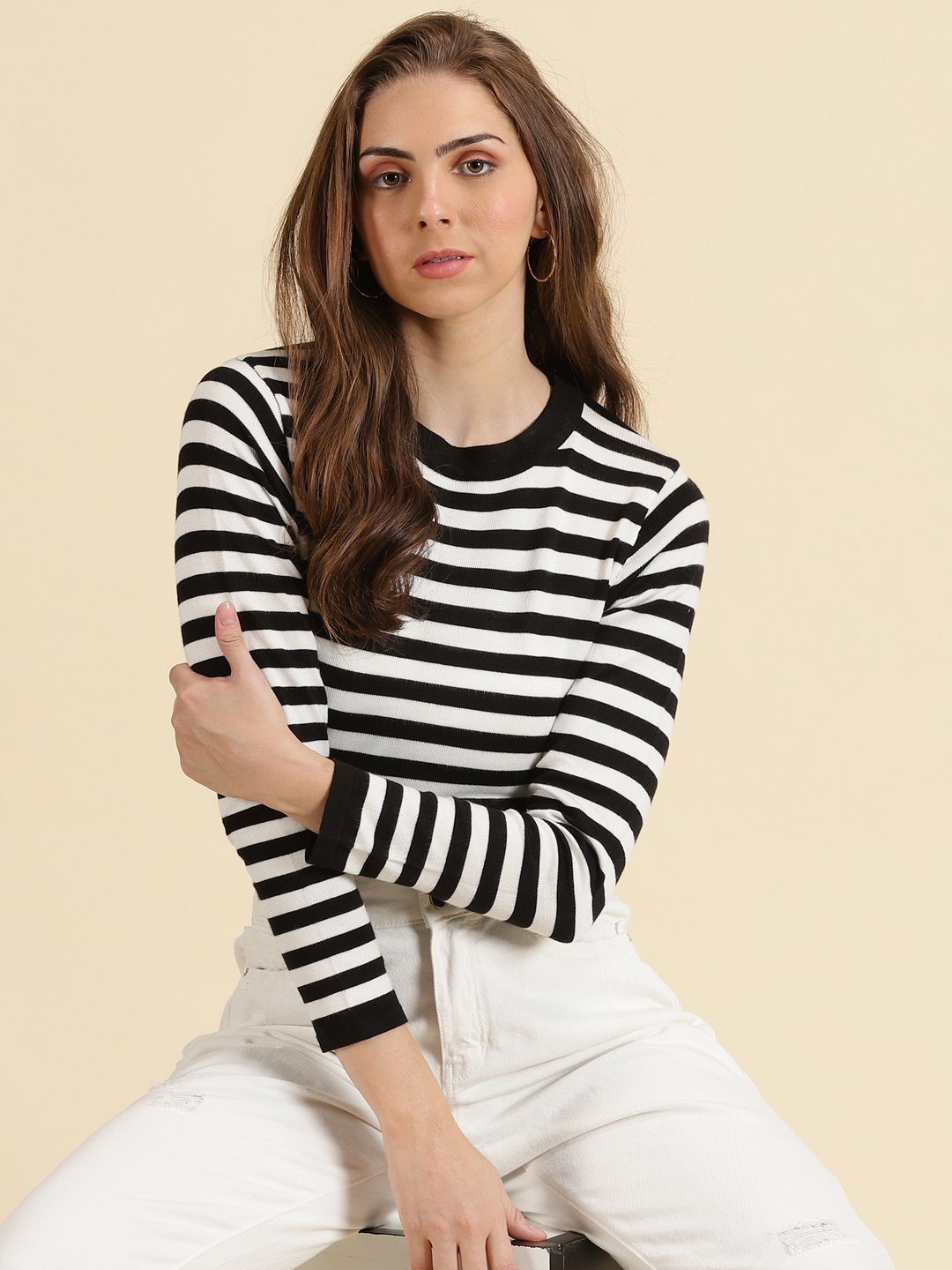 Showoff | SHOWOFF Women's Round Neck Striped Black Fitted Regular Top 0