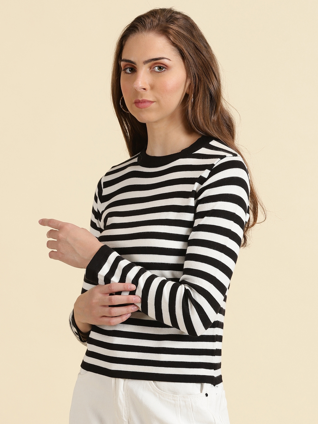 Showoff | SHOWOFF Women's Round Neck Striped Black Fitted Regular Top 2