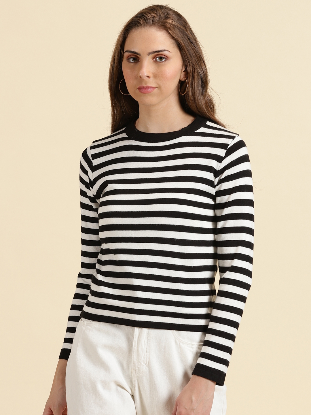 Showoff | SHOWOFF Women's Round Neck Striped Black Fitted Regular Top 1