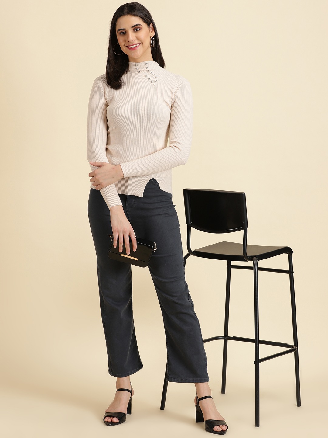 SHOWOFF Women's High Neck Solid Cream Fitted Regular Top