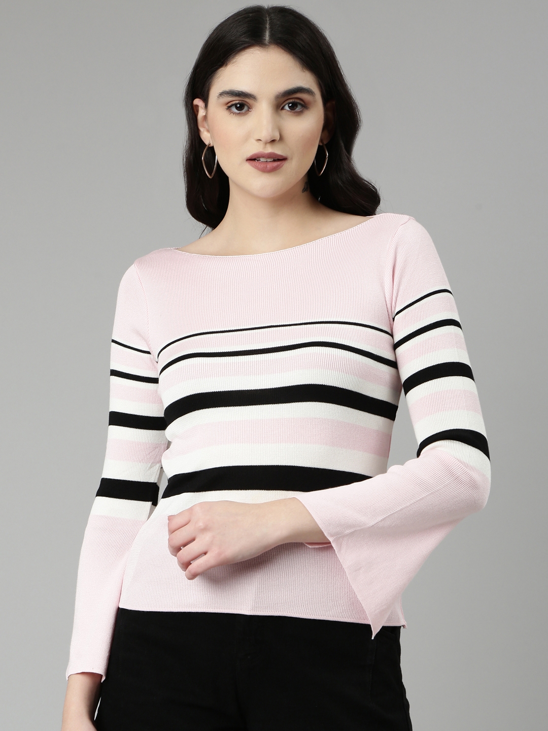Showoff | SHOWOFF Women's Boat Neck Striped Bell Sleeves Fitted Pink Top 1