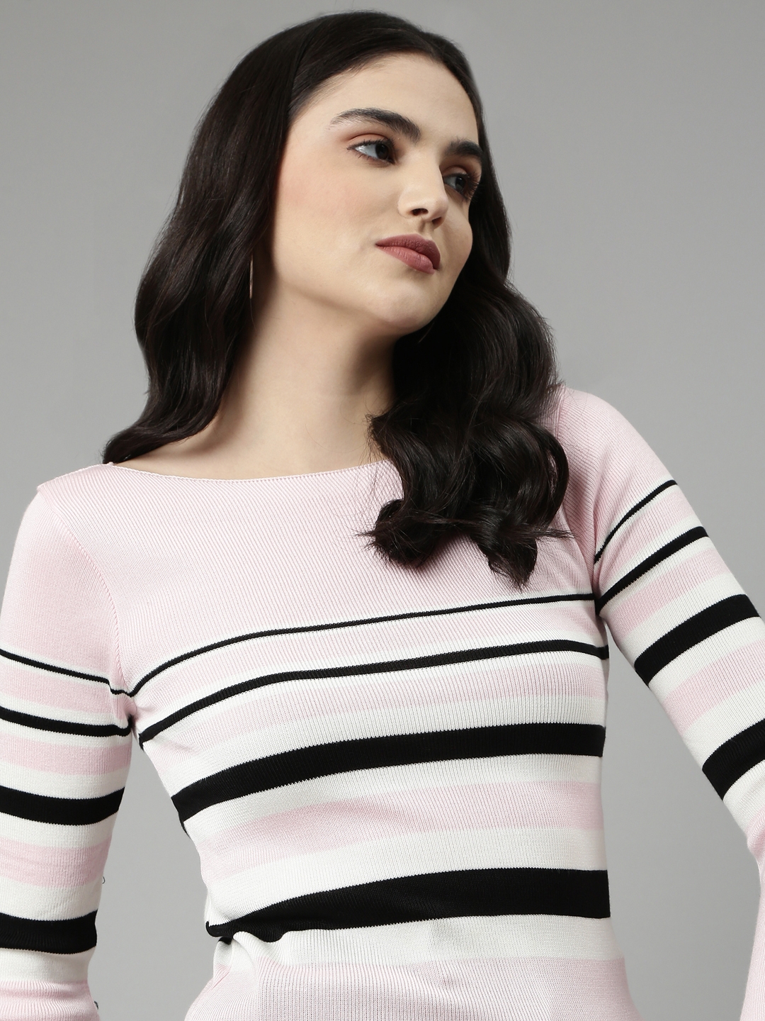Showoff | SHOWOFF Women's Boat Neck Striped Bell Sleeves Fitted Pink Top 0