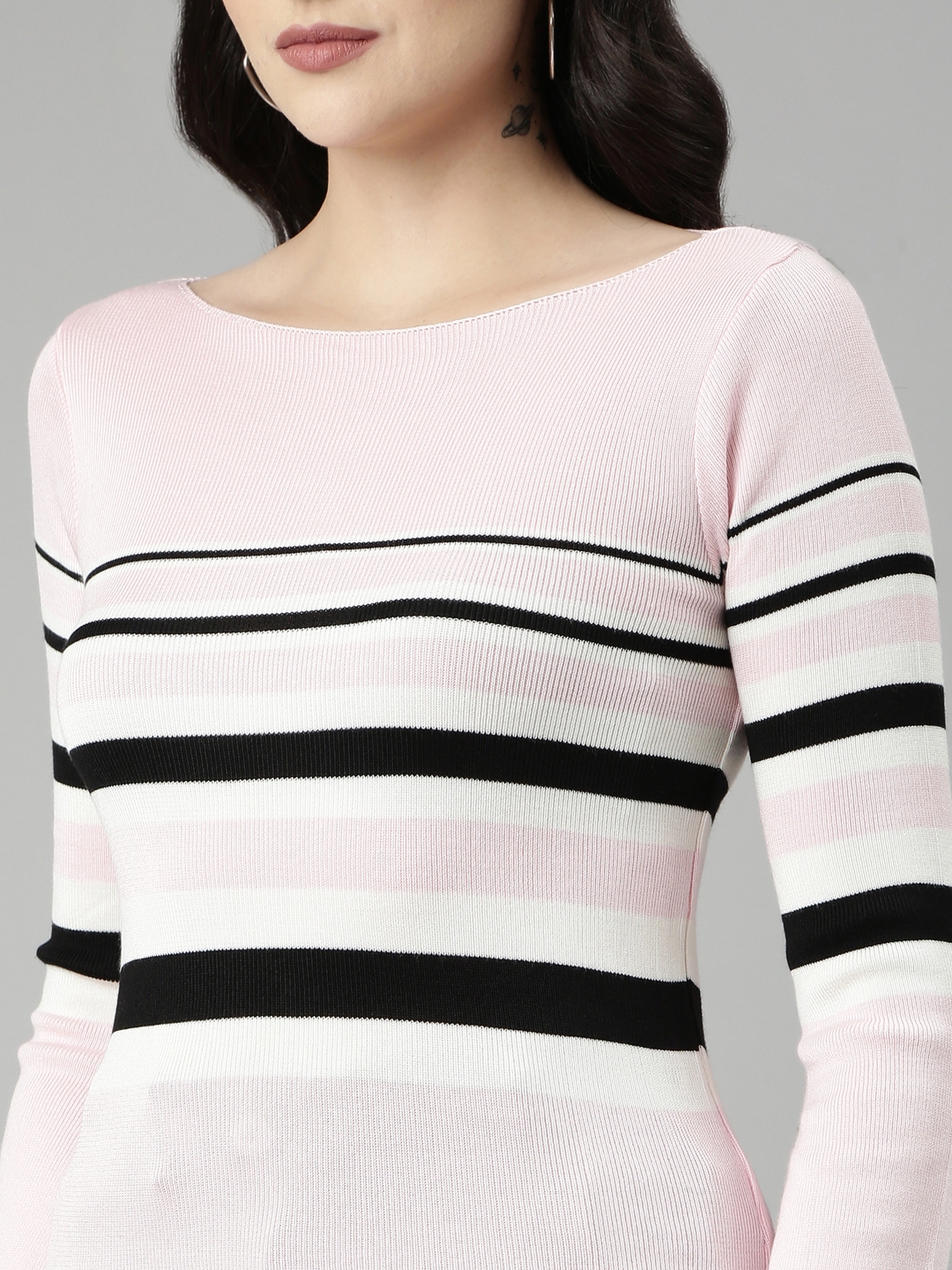 Showoff | SHOWOFF Women's Boat Neck Striped Bell Sleeves Fitted Pink Top 7