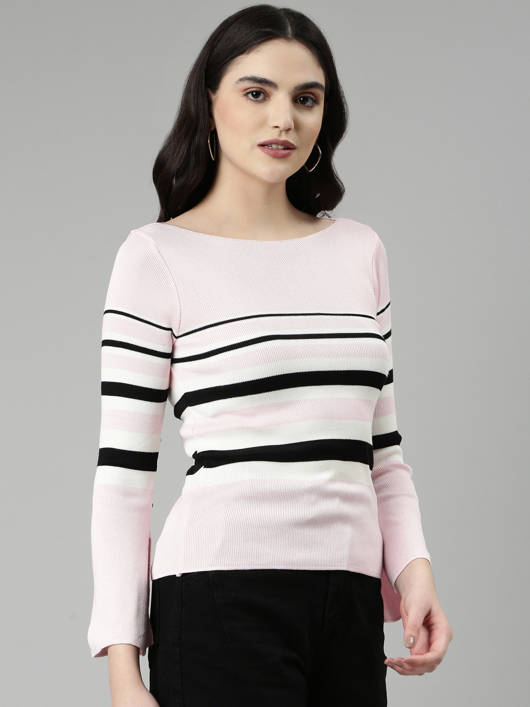 Showoff | SHOWOFF Women's Boat Neck Striped Bell Sleeves Fitted Pink Top 3