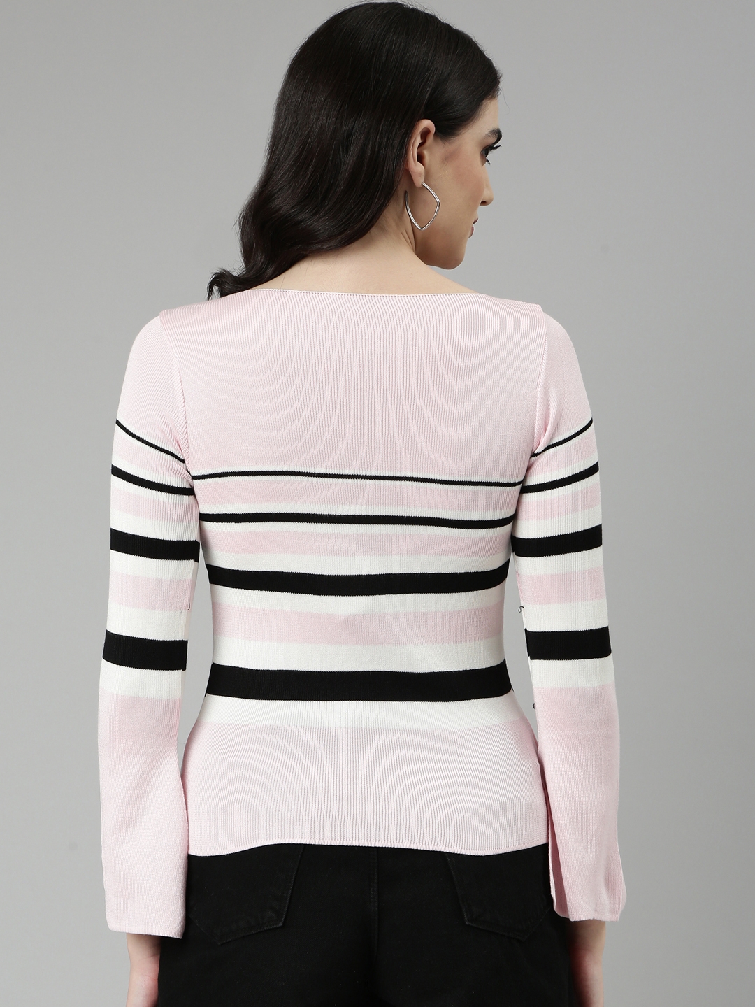 Showoff | SHOWOFF Women's Boat Neck Striped Bell Sleeves Fitted Pink Top 4