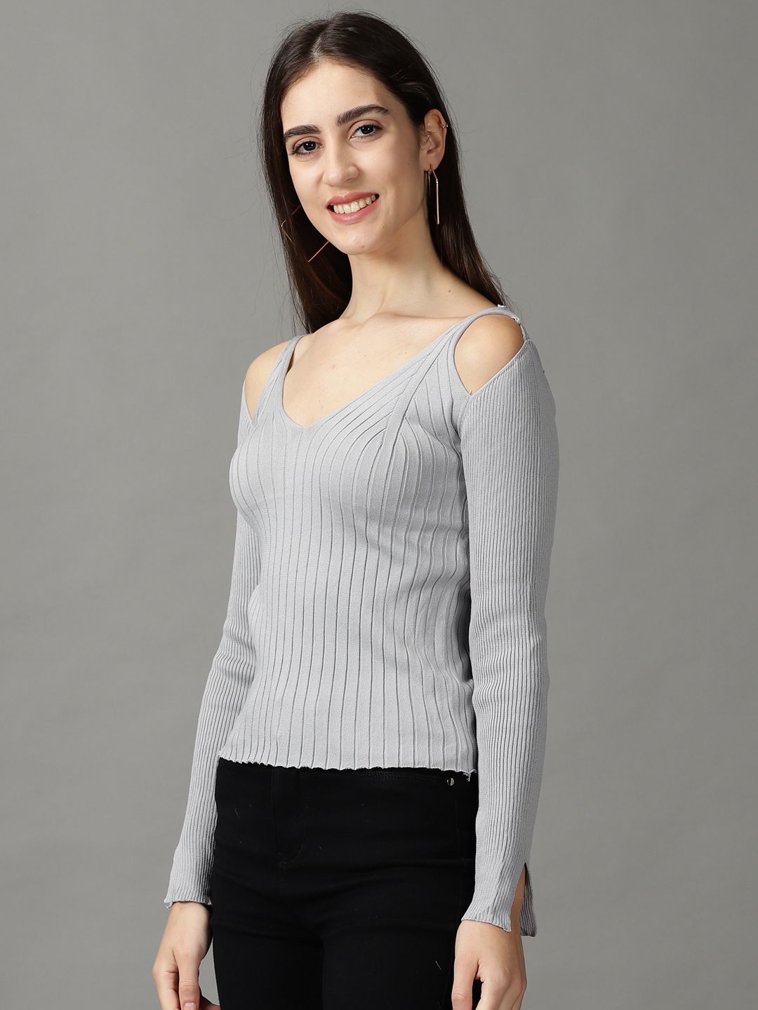 Showoff | SHOWOFF Women Grey Solid V Neck Full Sleeves Regular Fitted Top 2