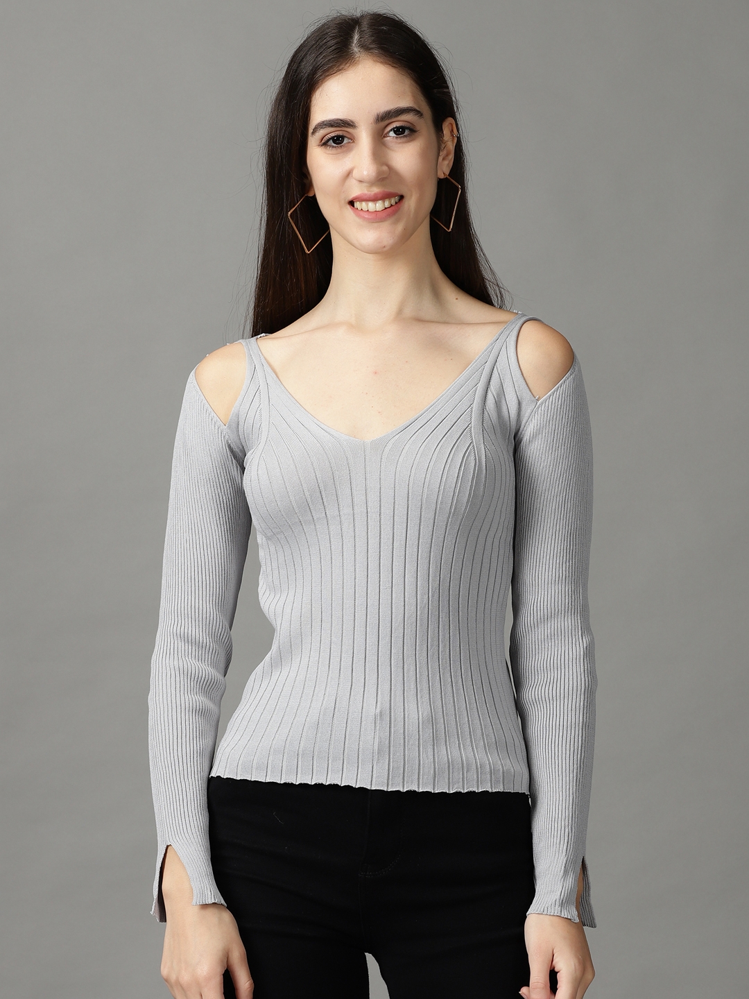 Showoff | SHOWOFF Women Grey Solid V Neck Full Sleeves Regular Fitted Top 1