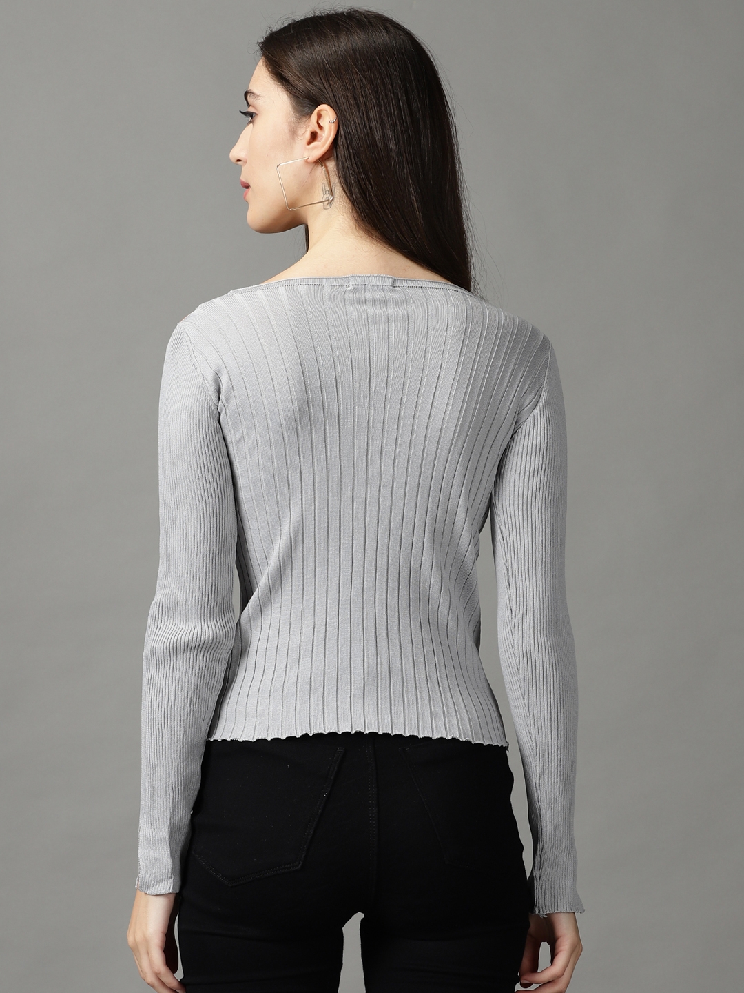 Showoff | SHOWOFF Women Grey Solid V Neck Full Sleeves Regular Fitted Top 3