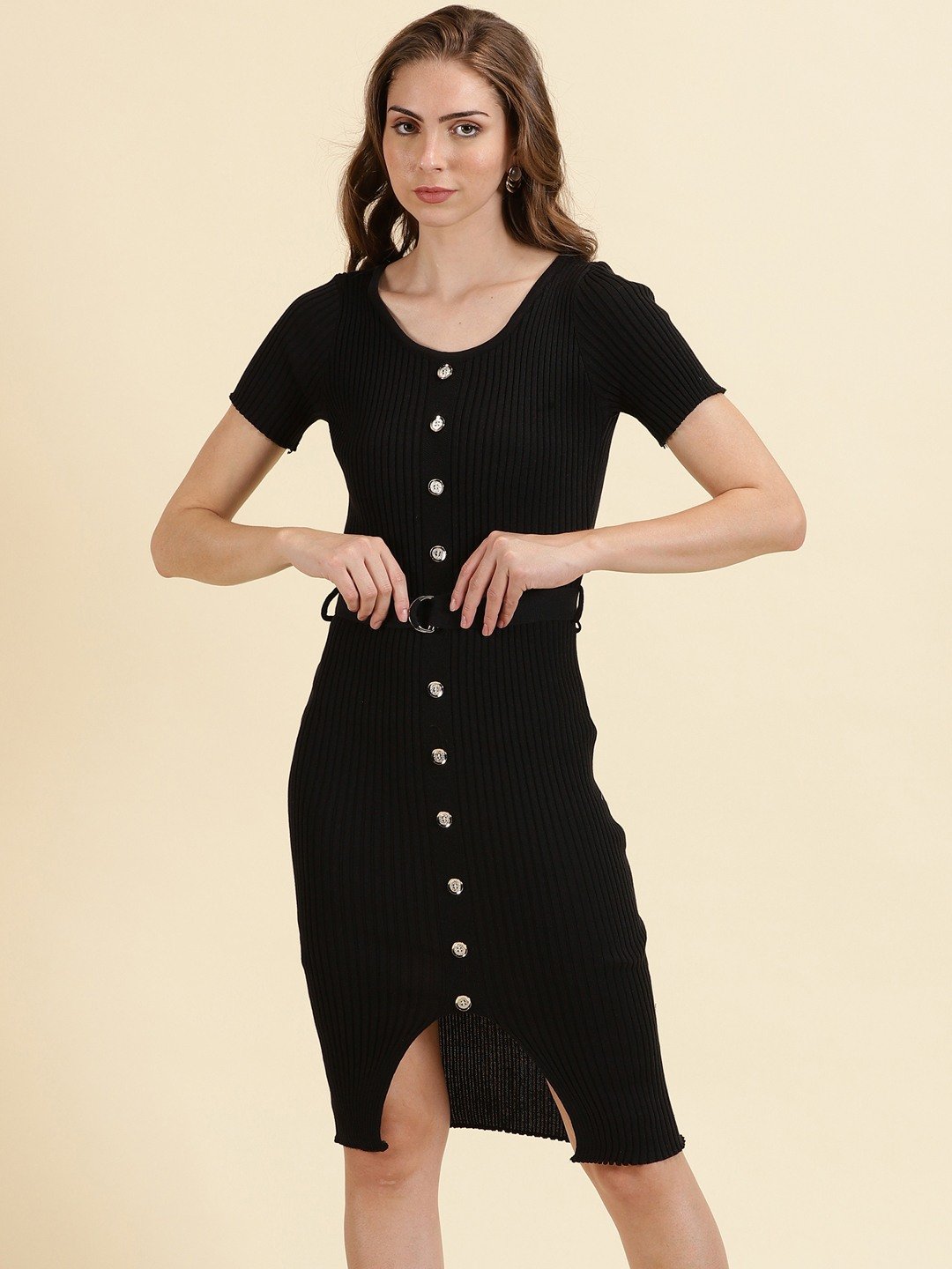SHOWOFF Women's Knee Length Solid Bodycon Black Dress